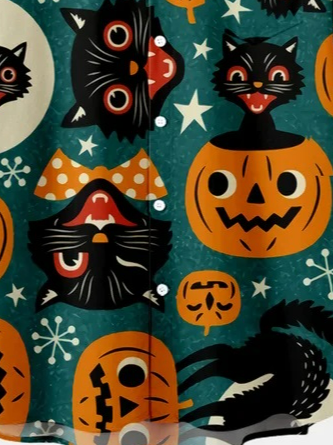 Men's Halloween Pumpkin Cat Print Casual Breathable Short Sleeve Shirt