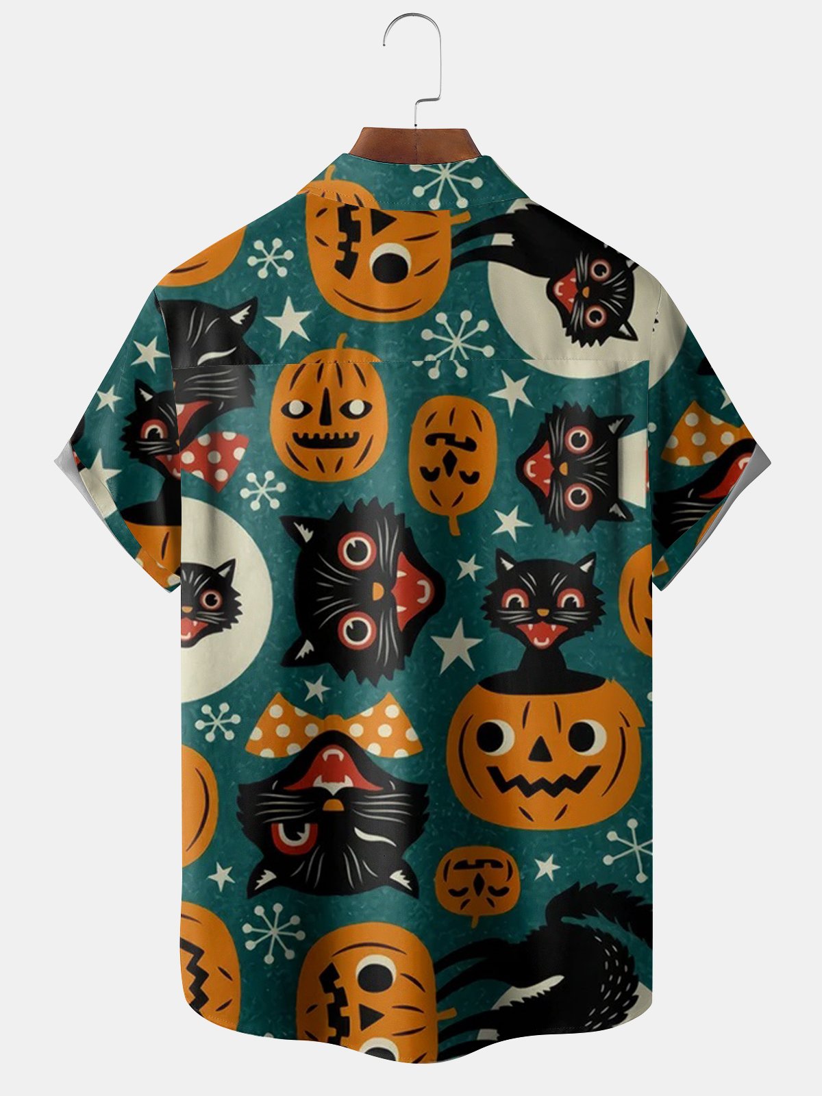 Men's Halloween Pumpkin Cat Print Casual Breathable Short Sleeve Shirt