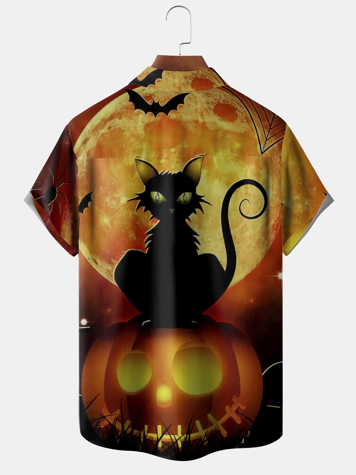 Men's Halloween Pumpkin Cat Print Casual Breathable Short Sleeve Shirt