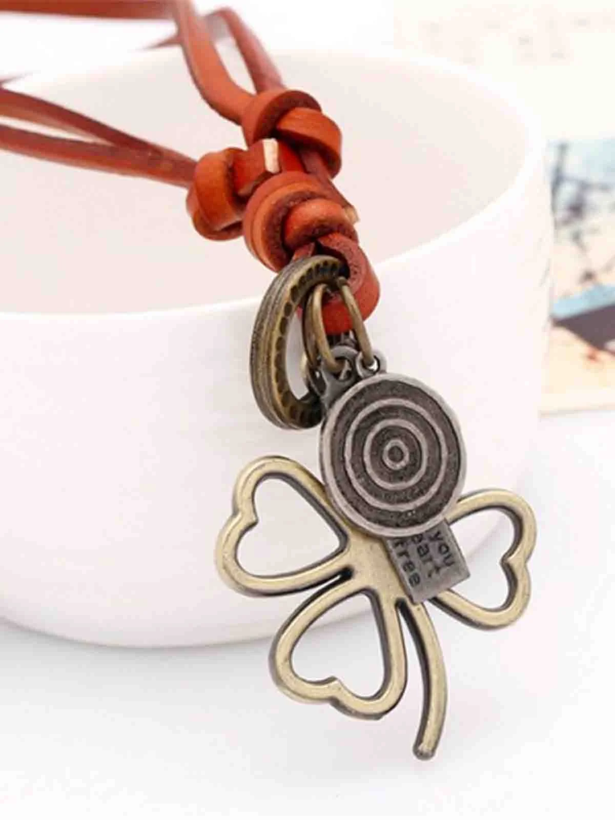 Men's Vintage Plain Four Leaf Clover Leather Necklace