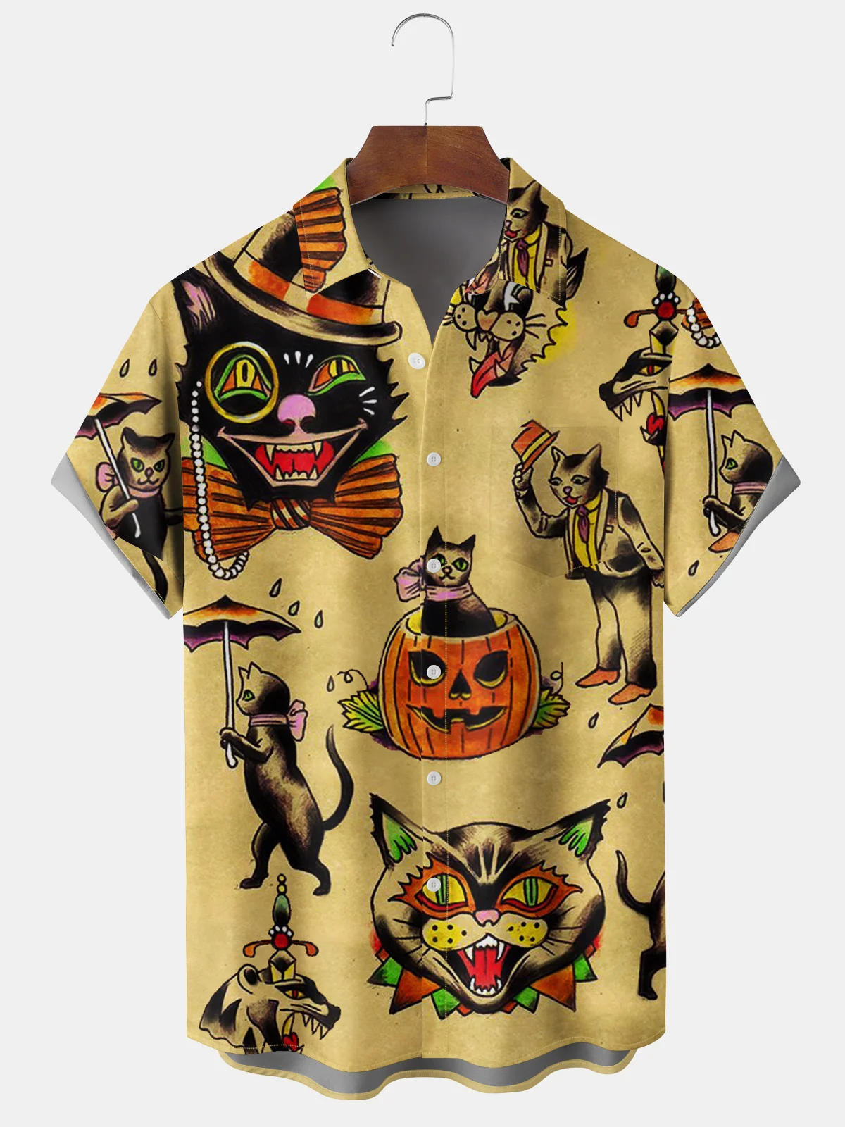 Men's Halloween Fun Cat Print Casual Breathable Hawaiian Short Sleeve Shirt