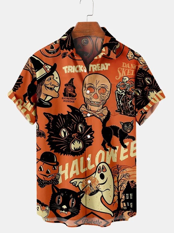 Hardaddy Men's Halloween Cat Ghost Witches Print Casual Breathable Short Sleeve Hawaiian Shirt