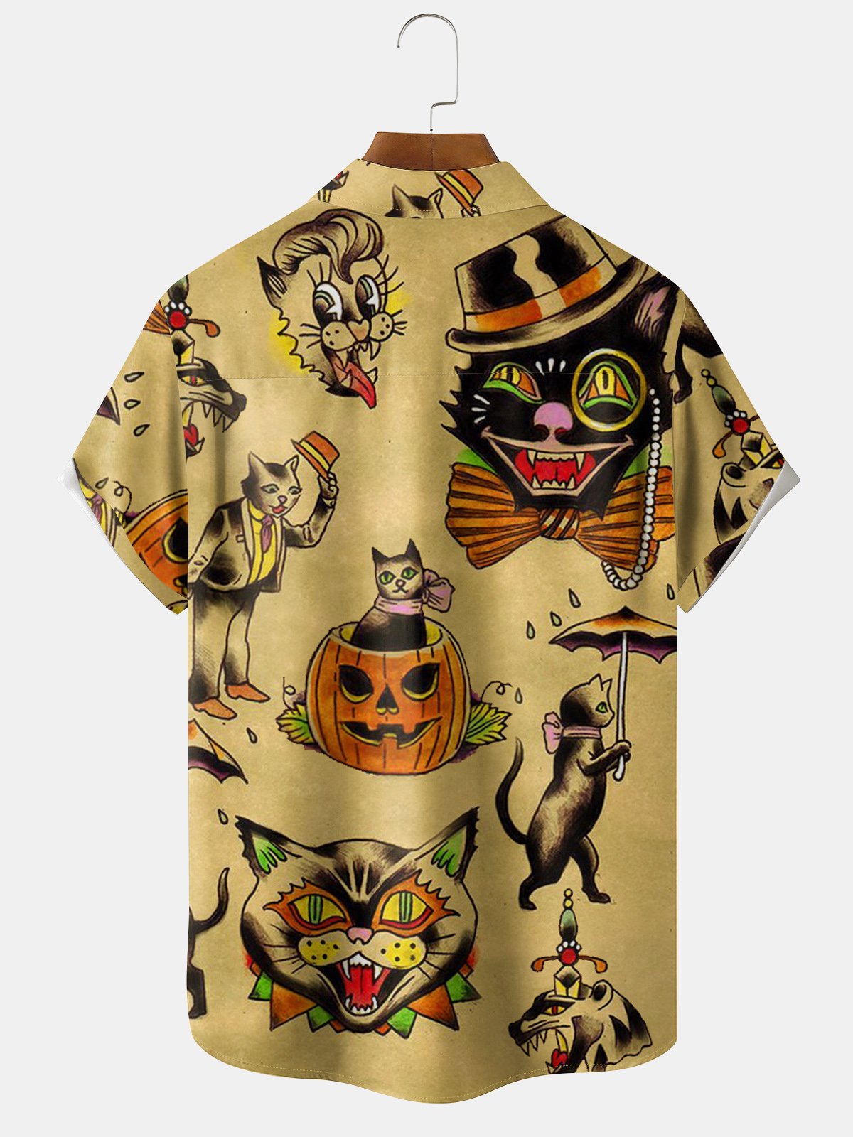 Men's Halloween Fun Cat Print Casual Breathable Hawaiian Short Sleeve Shirt