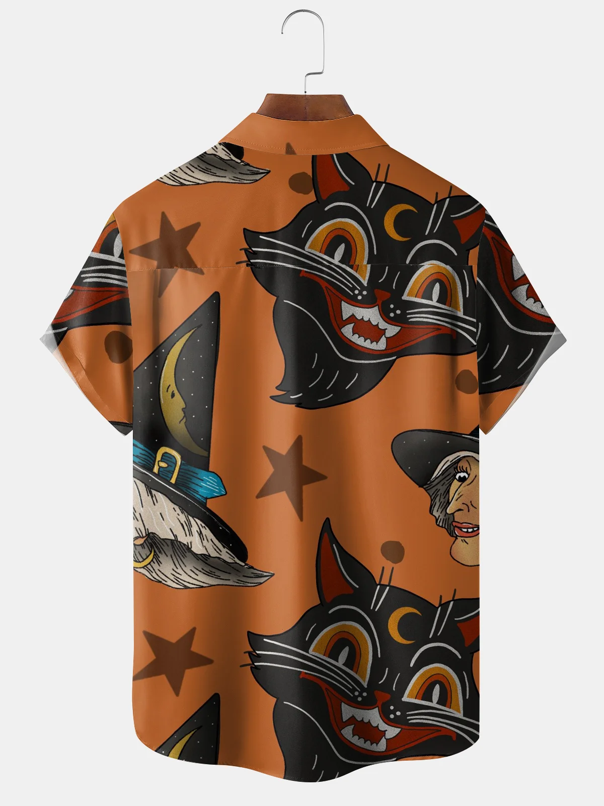 Mens Funky Halloween Cats Witch Print Front Buttons Soft Breathable Chest Pocket Casual Aloha Shirts