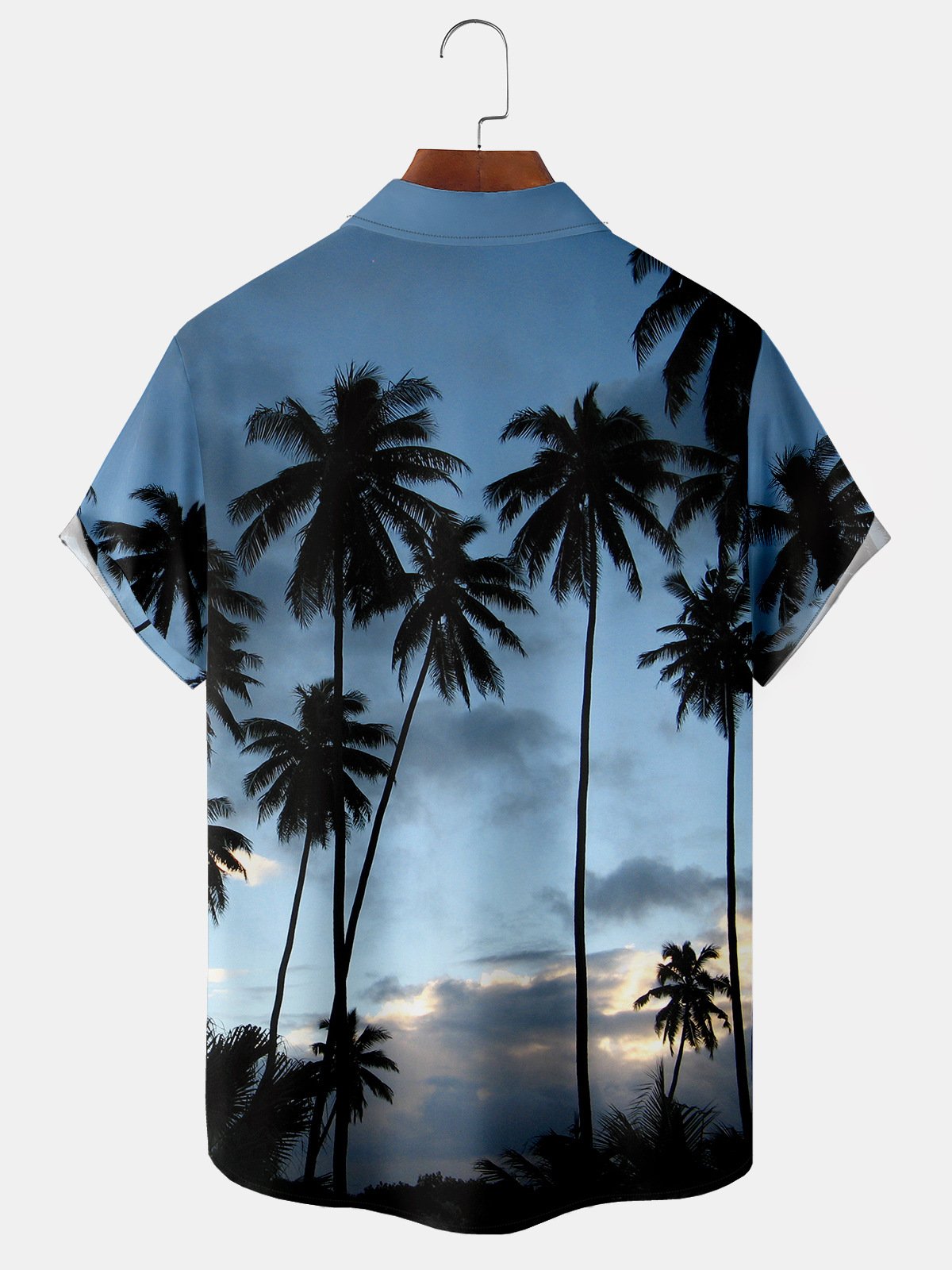 Hardaddy Holiday Style Hawaii Series Gradient Landscape Plant Coconut Tree Element Pattern Lapel Short-Sleeved Chest Pocket Shirt Printed Top