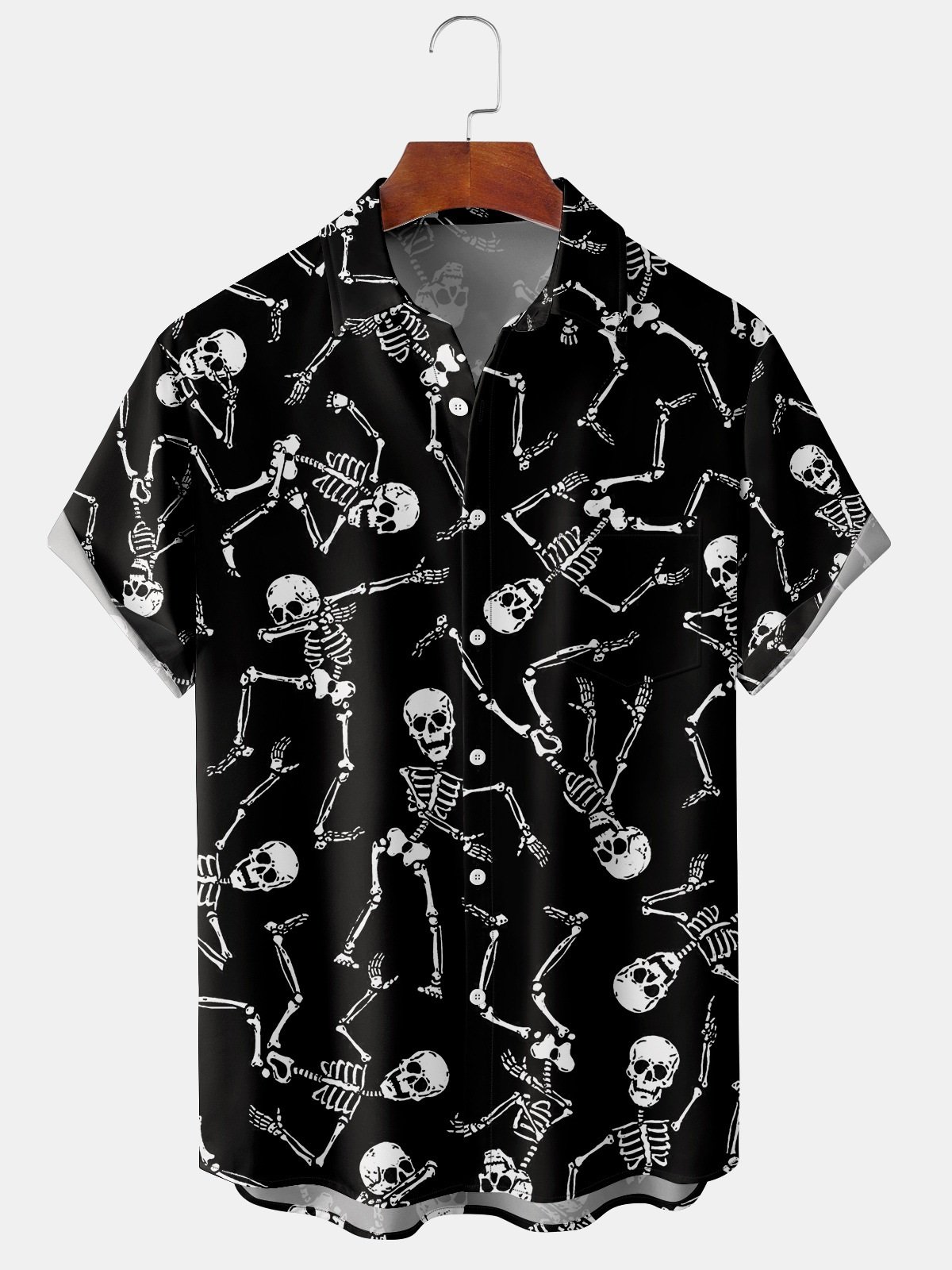 Men's Halloween Skull Print Casual Short Sleeve Hawaiian Shirt with Chest Pocket