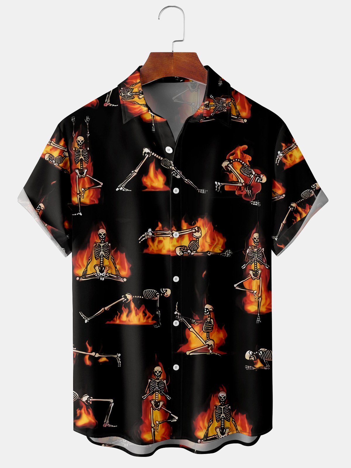 Men's Halloween Skull Print Short Sleeve Hawaiian Shirt with Chest Pocket