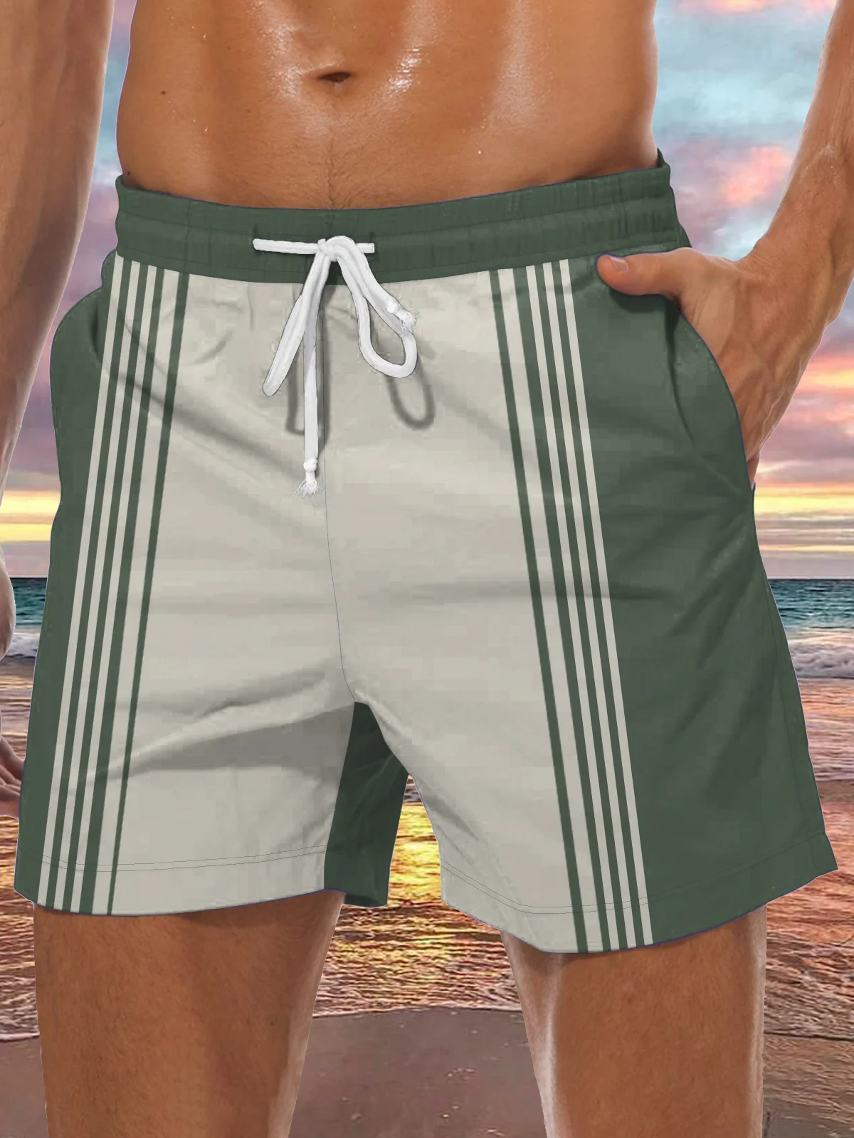 Hardaddy Men's Geometric Stripe Element Graphic Print Casual Resort Beach Shorts