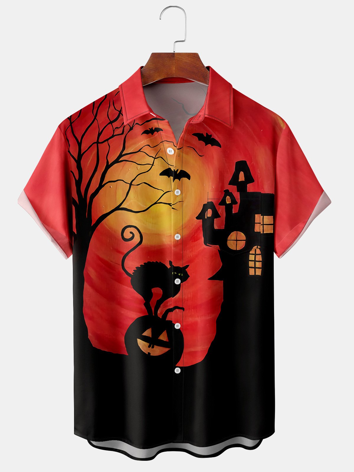 Casual Style Festival Series Gradient Color Halloween Cat Pumpkin Element Pattern Lapel Short-Sleeved Shirt Print Top