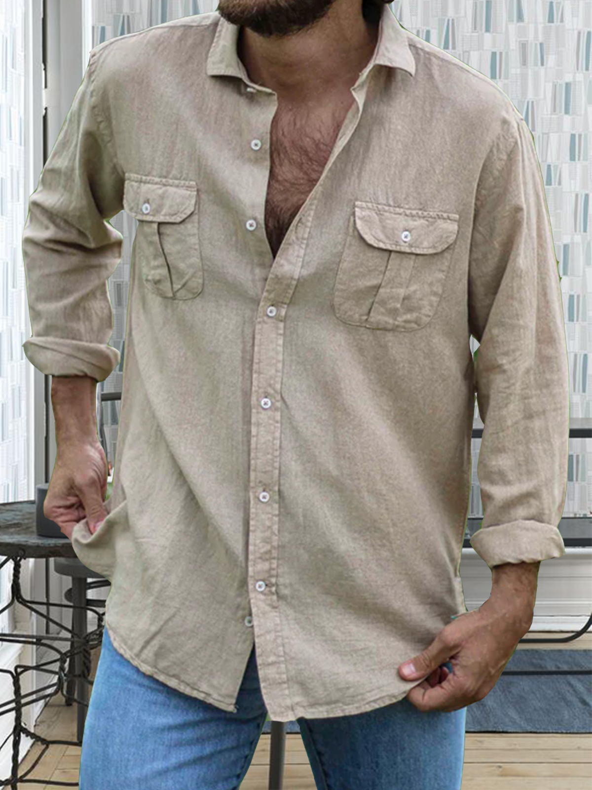 Cotton and Linen Style American Solid Color Basic Versatile Linen Shirt