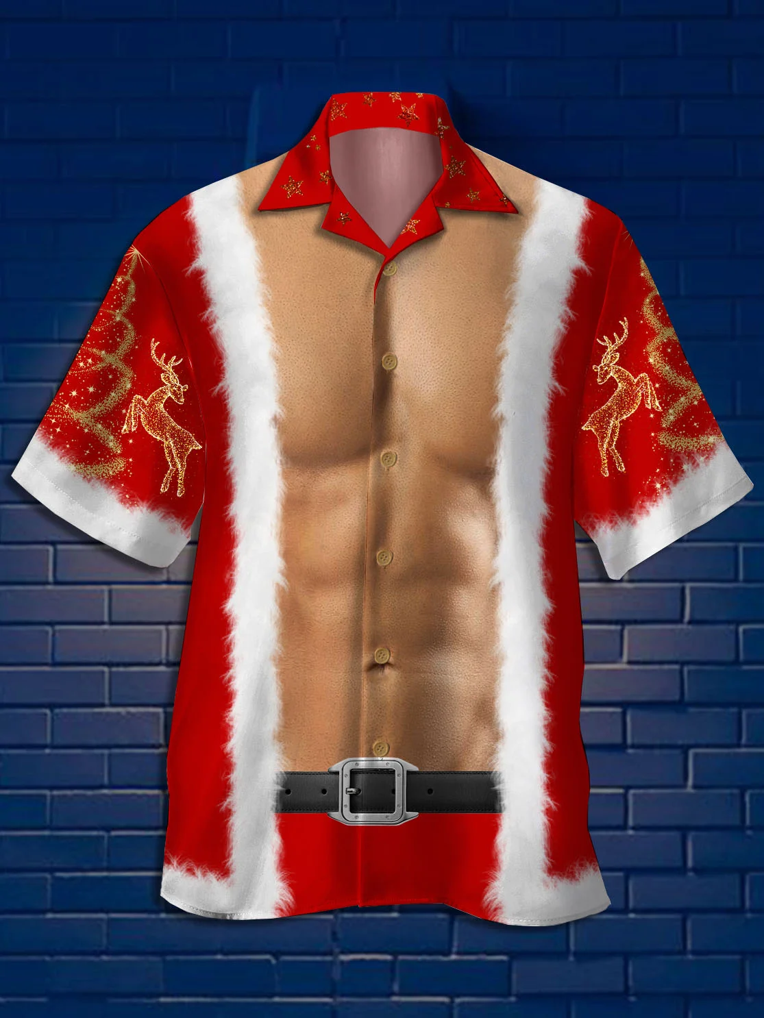 Men's New Santa Outfit Print Casual Breathable Hawaiian Short Sleeve Shirt