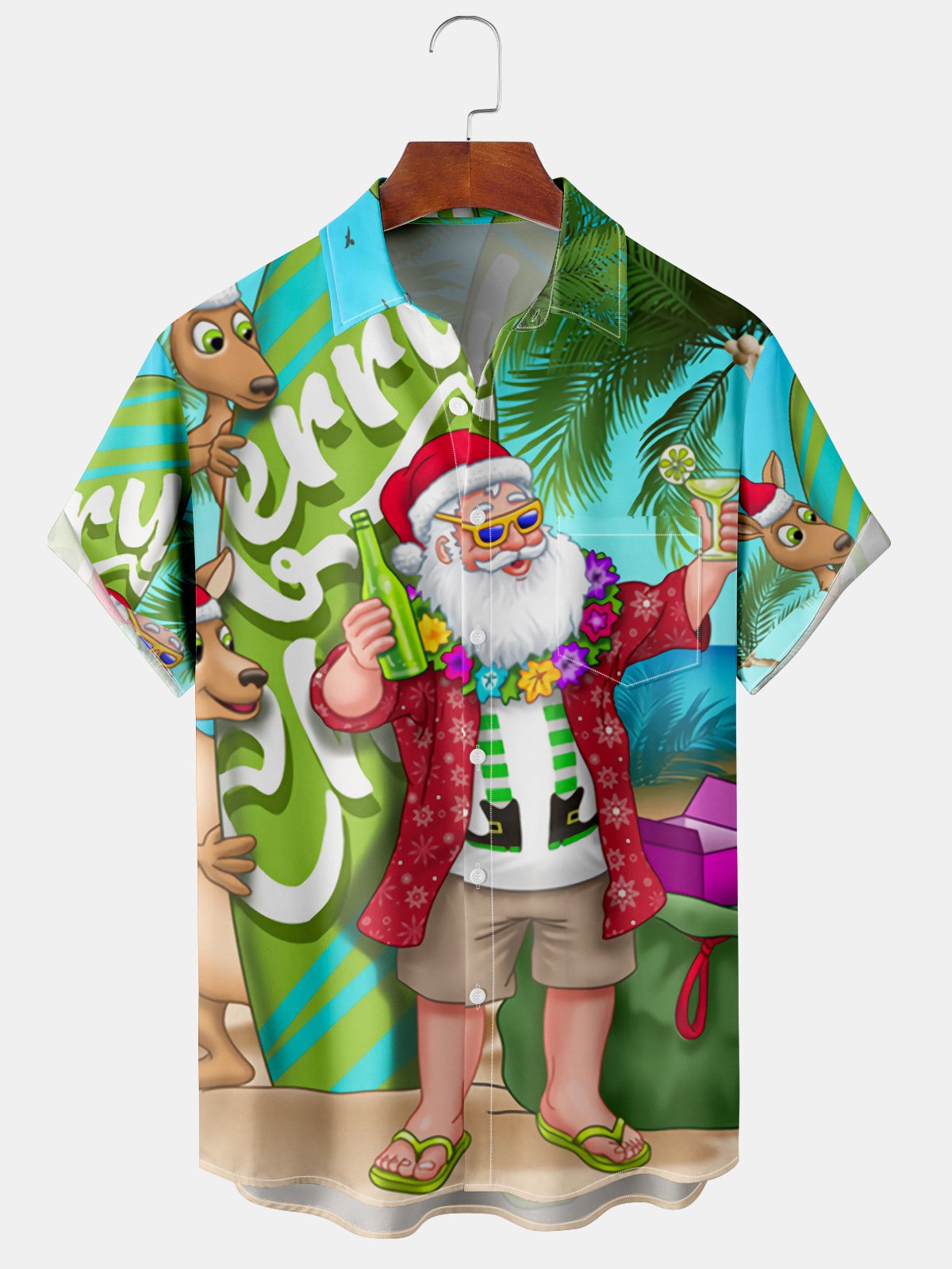 Men's Beach Santa Print Casual Breathable Hawaiian Short Sleeve Shirt