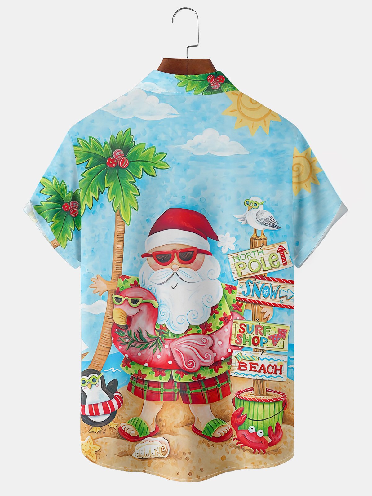 Hardaddy Mens Christmas Santa Surfing Print Front Buttons Soft Breathable Chest Pocket Casual Hawaiian Shirt