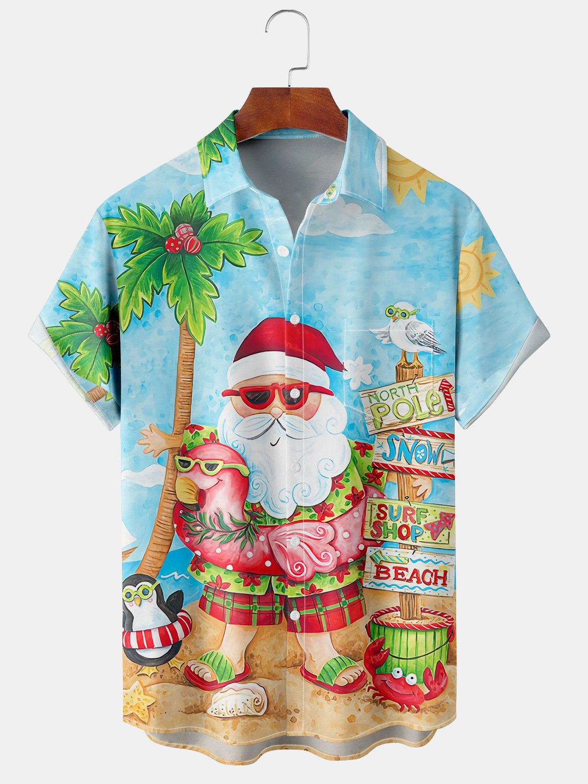 Hardaddy Mens Christmas Santa Surfing Print Front Buttons Soft Breathable Chest Pocket Casual Hawaiian Shirt