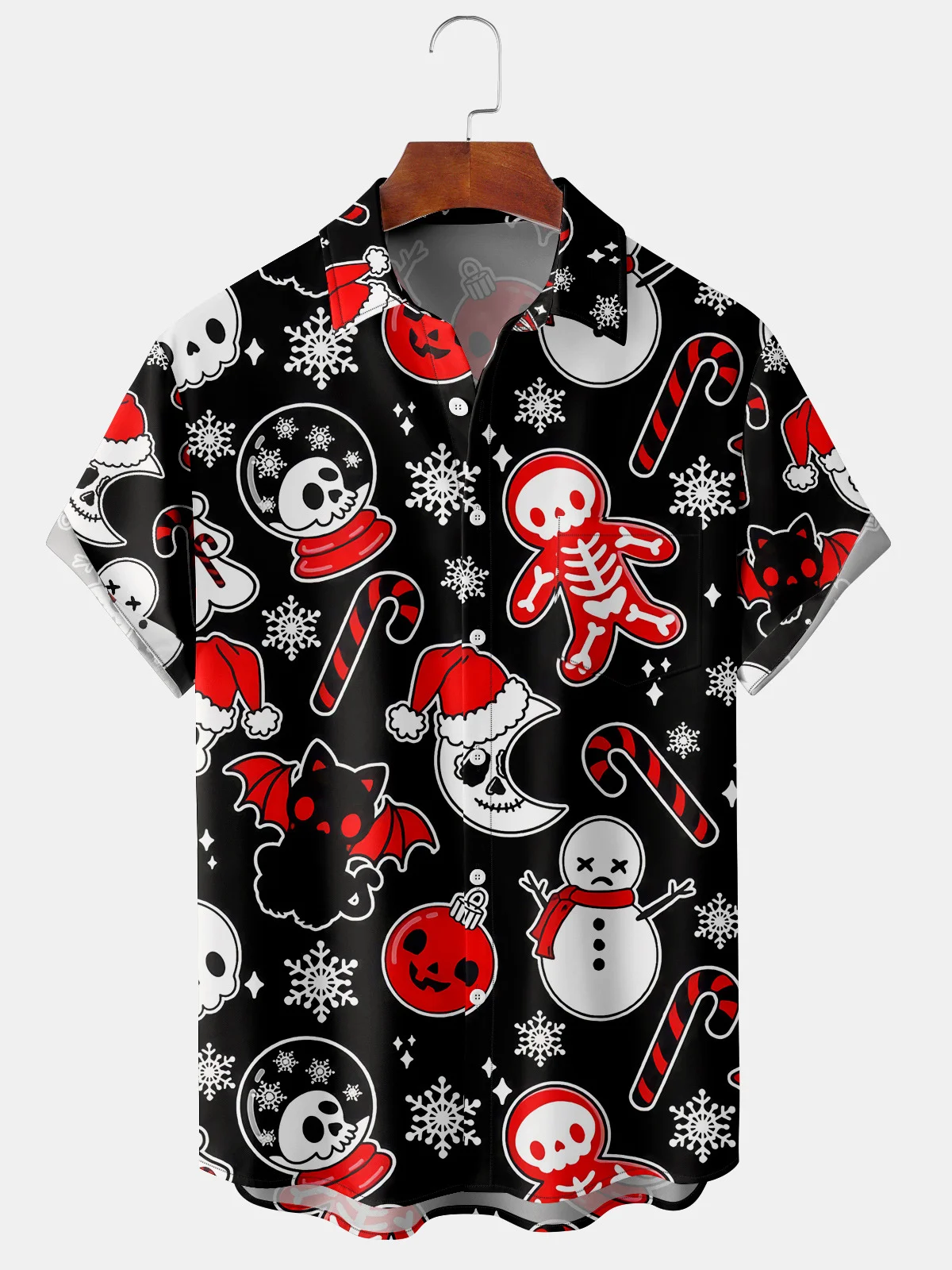 Men's New Christmas Skull Print Casual Breathable Hawaiian Short Sleeve Shirt