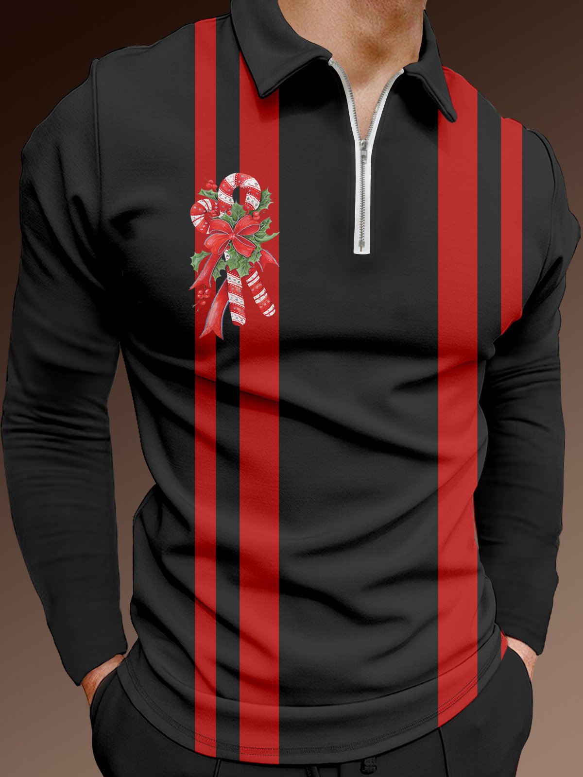 Casual Festive Collection Christmas Striped Geometric Color Block Candy Cane Pattern Lapel Zip Long Sleeve Print Polo Shirt