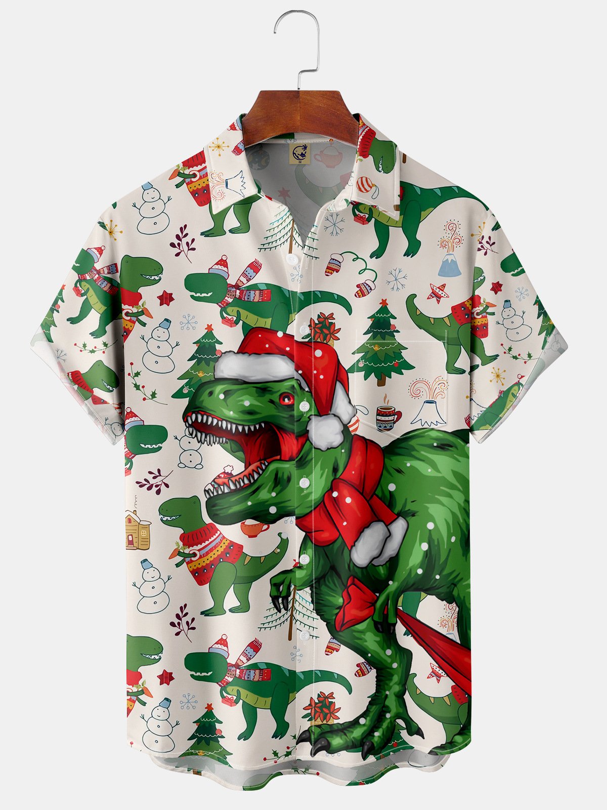 Hardaddy Men's Christmas Dinosaur Print Short Sleeve Hawaiian Shirt with Chest Pocket