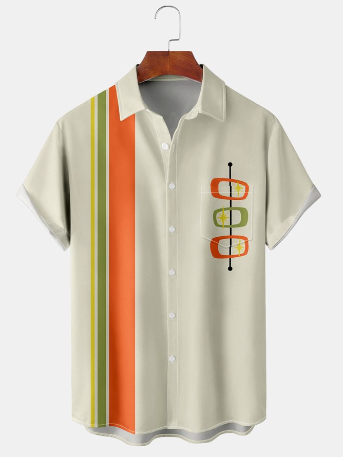 Hardaddy Big Size Geometry Chest Pocket Short Sleeve Bowling Shirt
