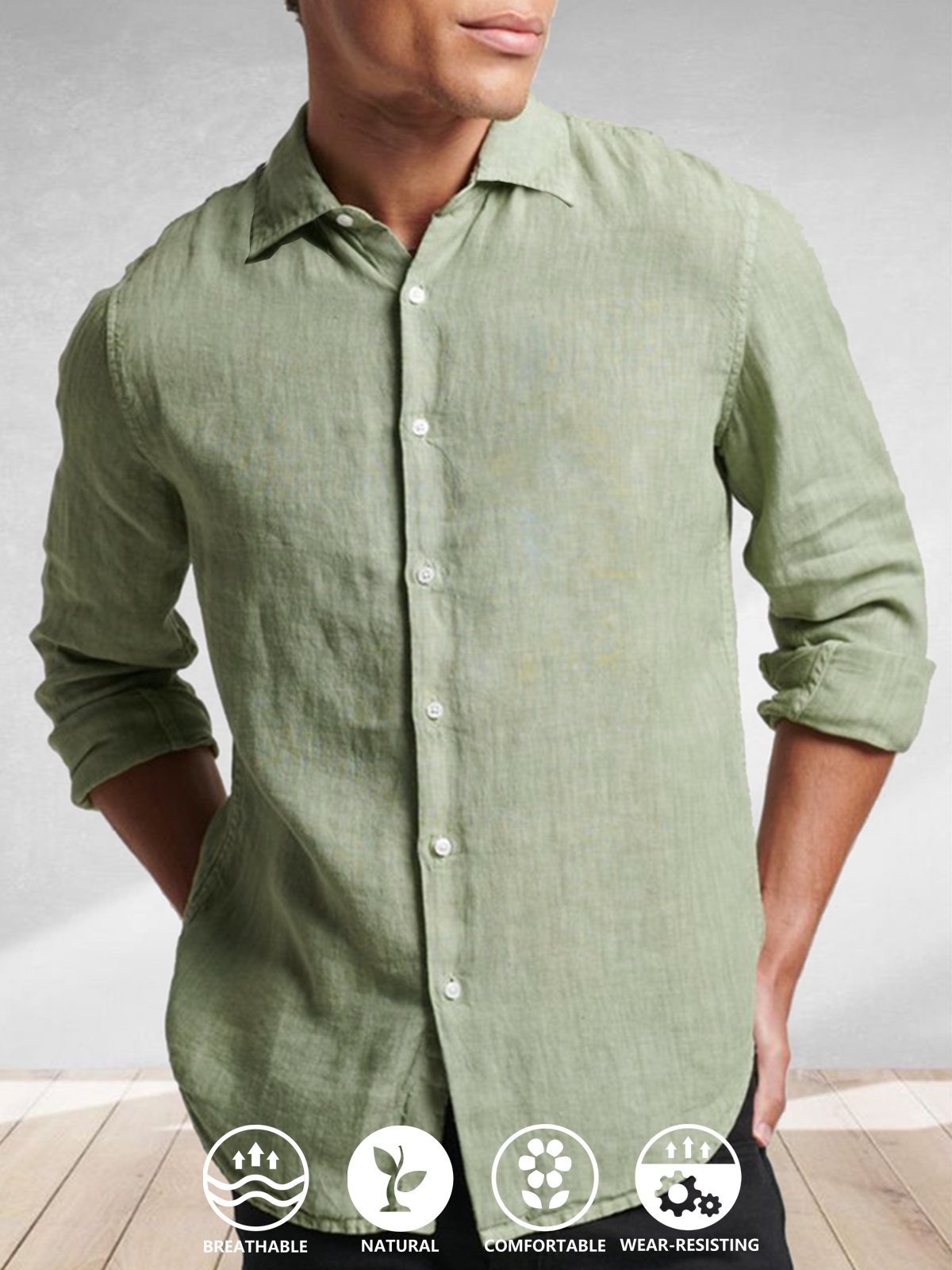 Clean color long sleeve shirt, casual style cotton and linen shirt with lapel