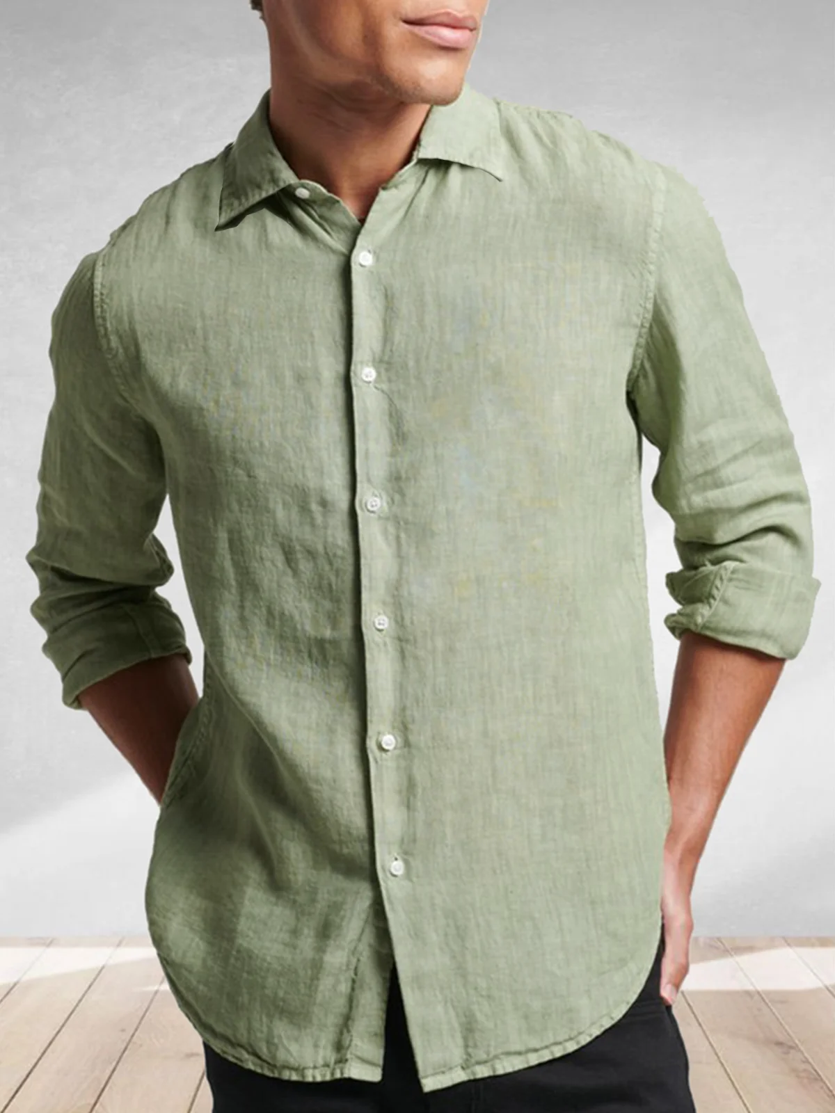 Clean color long sleeve shirt, casual style cotton and linen shirt with lapel