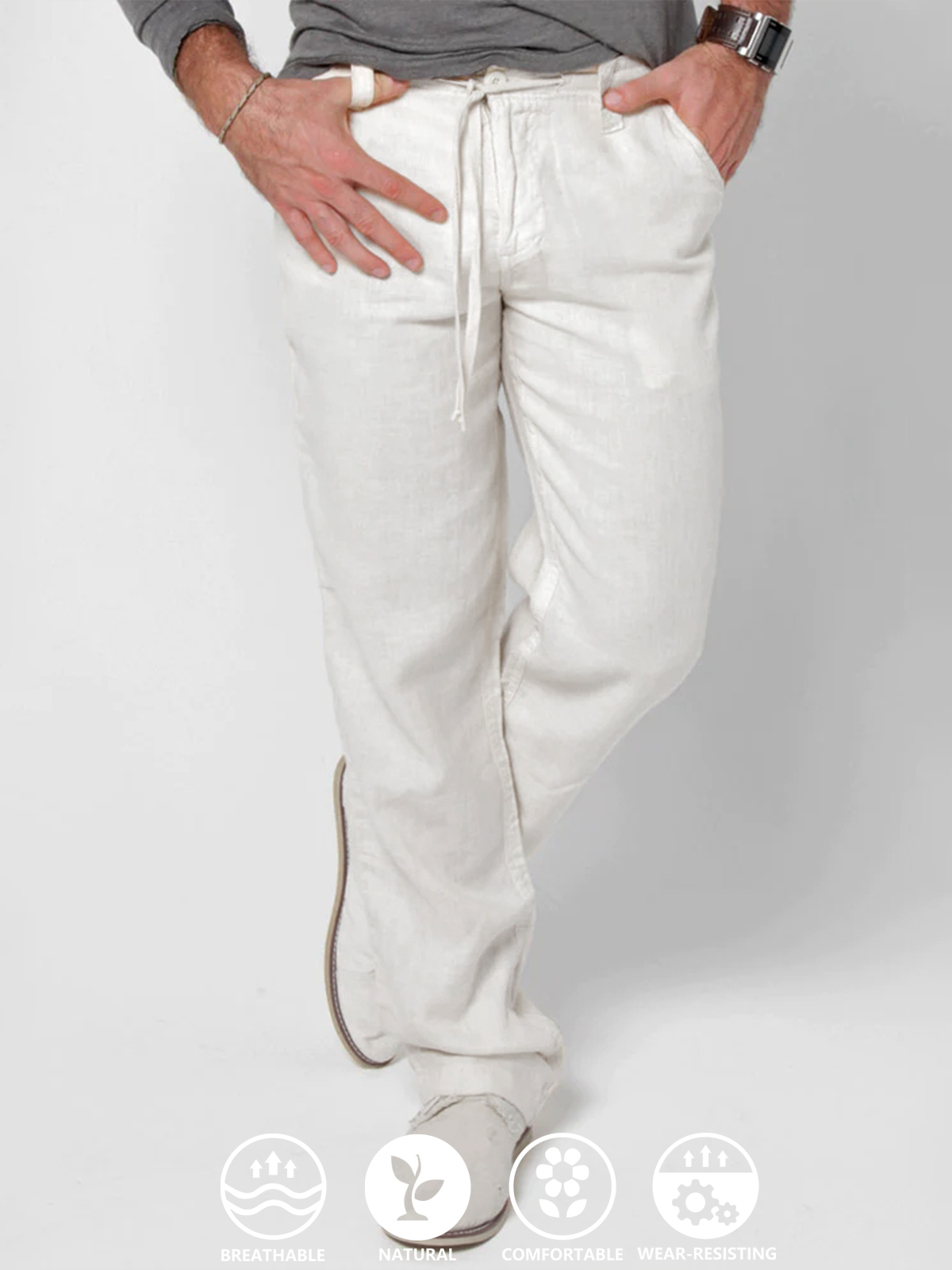 Plain Cotton Drawstring Waist Straight Pants