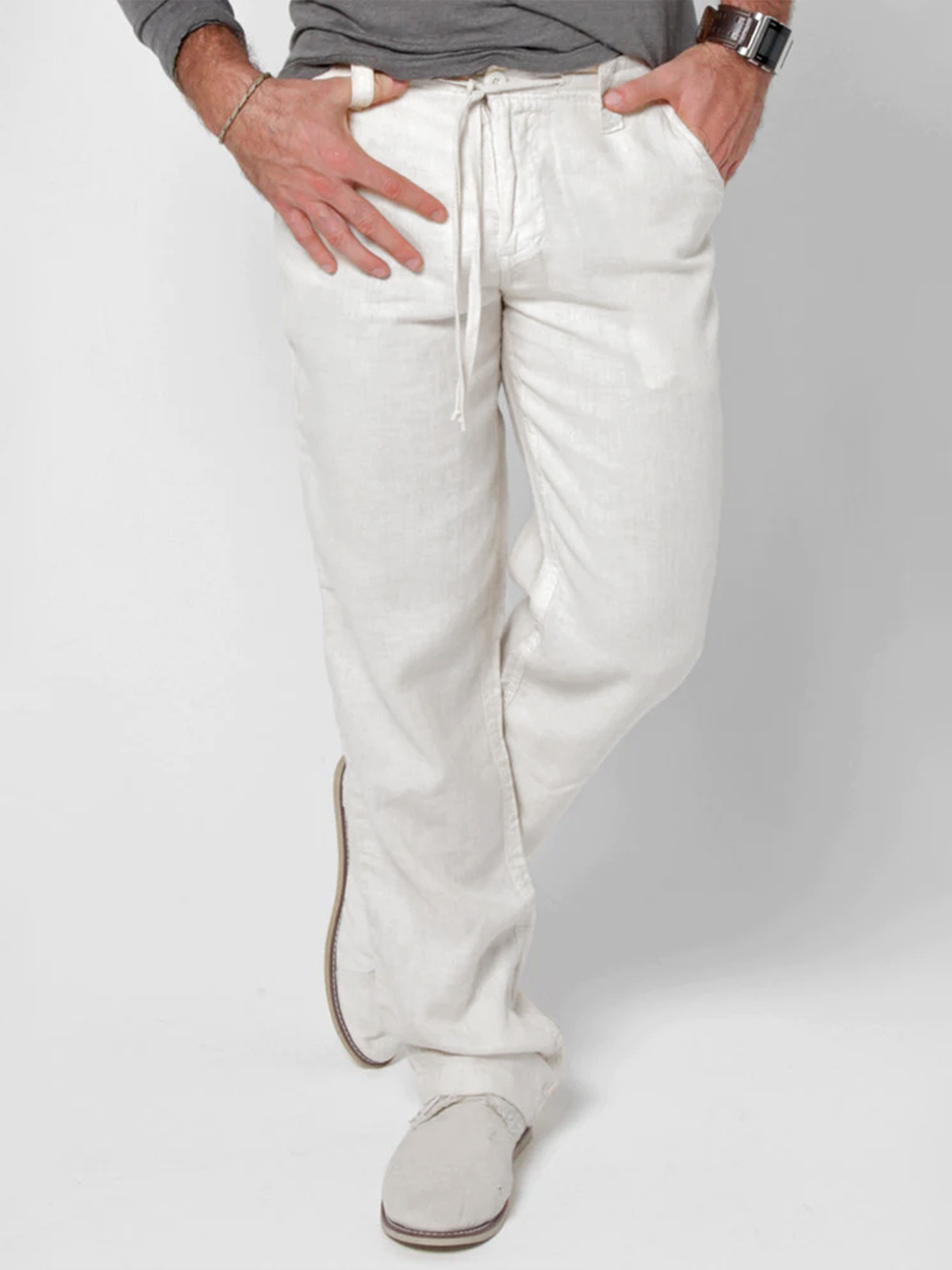 Plain Cotton Drawstring Waist Straight Pants