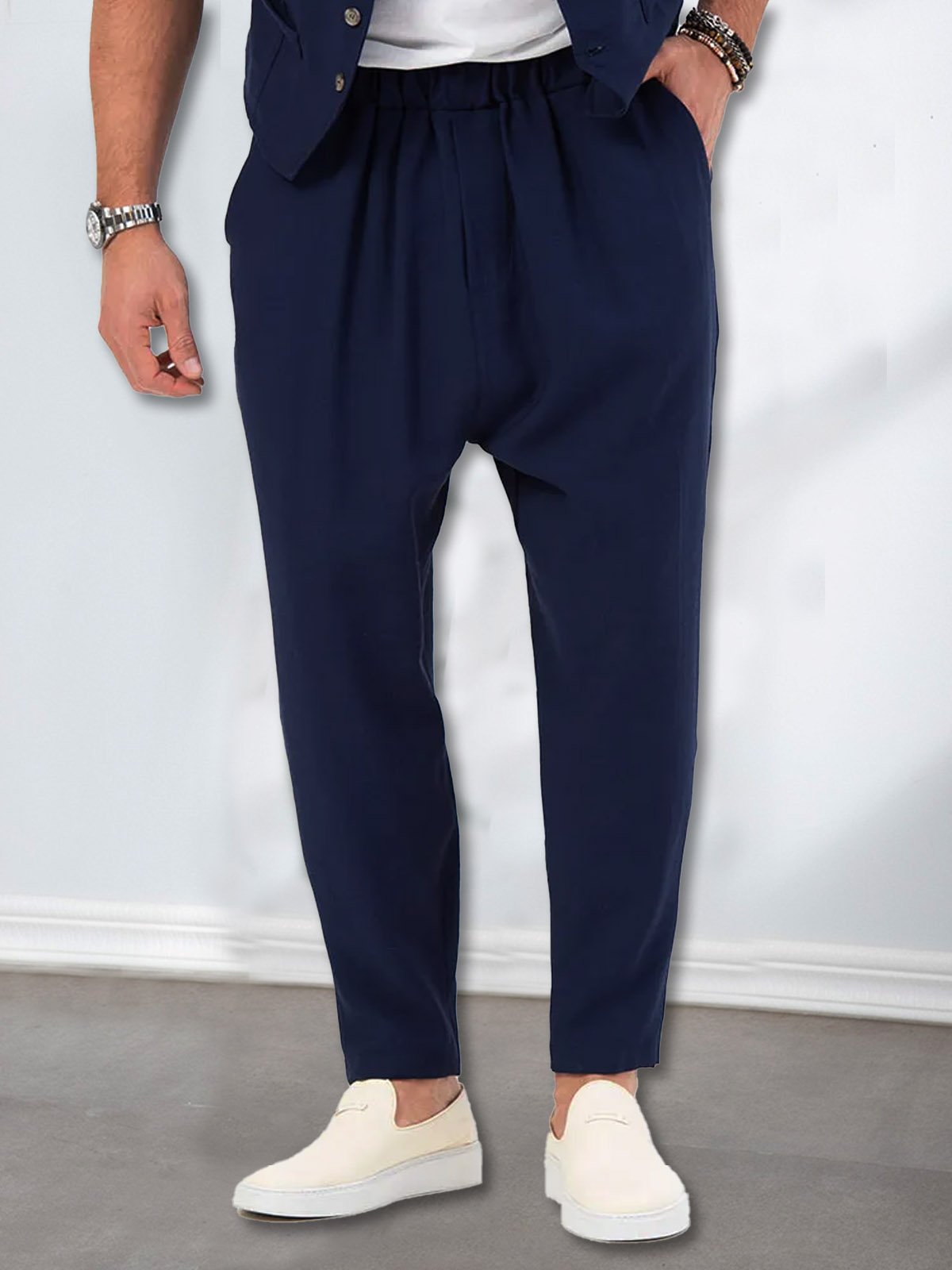 Plain Cotton Elastic-Waist Pants