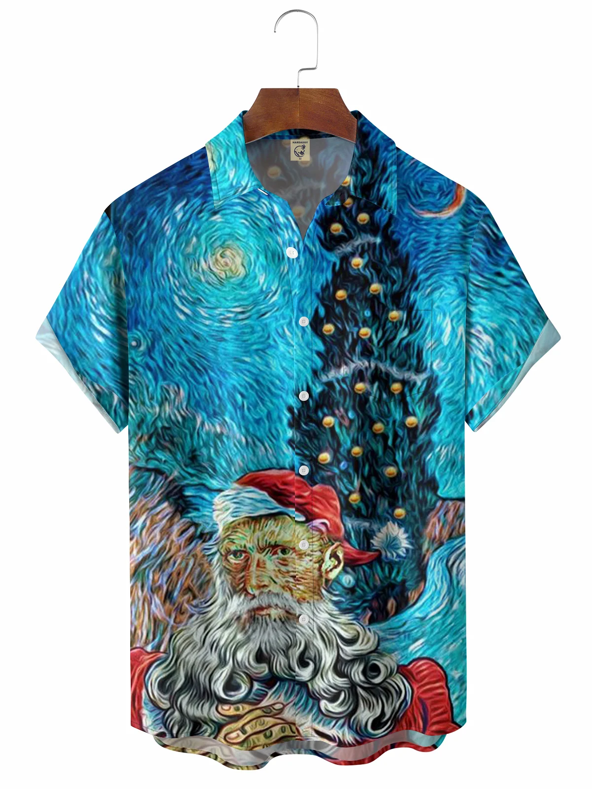 Christmas Van Gogh Starry Night Chest Pocket Short Sleeve Casual Shirt