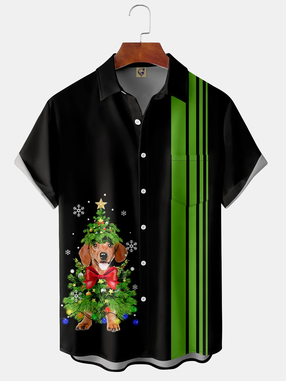 Christmas  Dog Chest Pocket Short Sleeve Casual Shirt