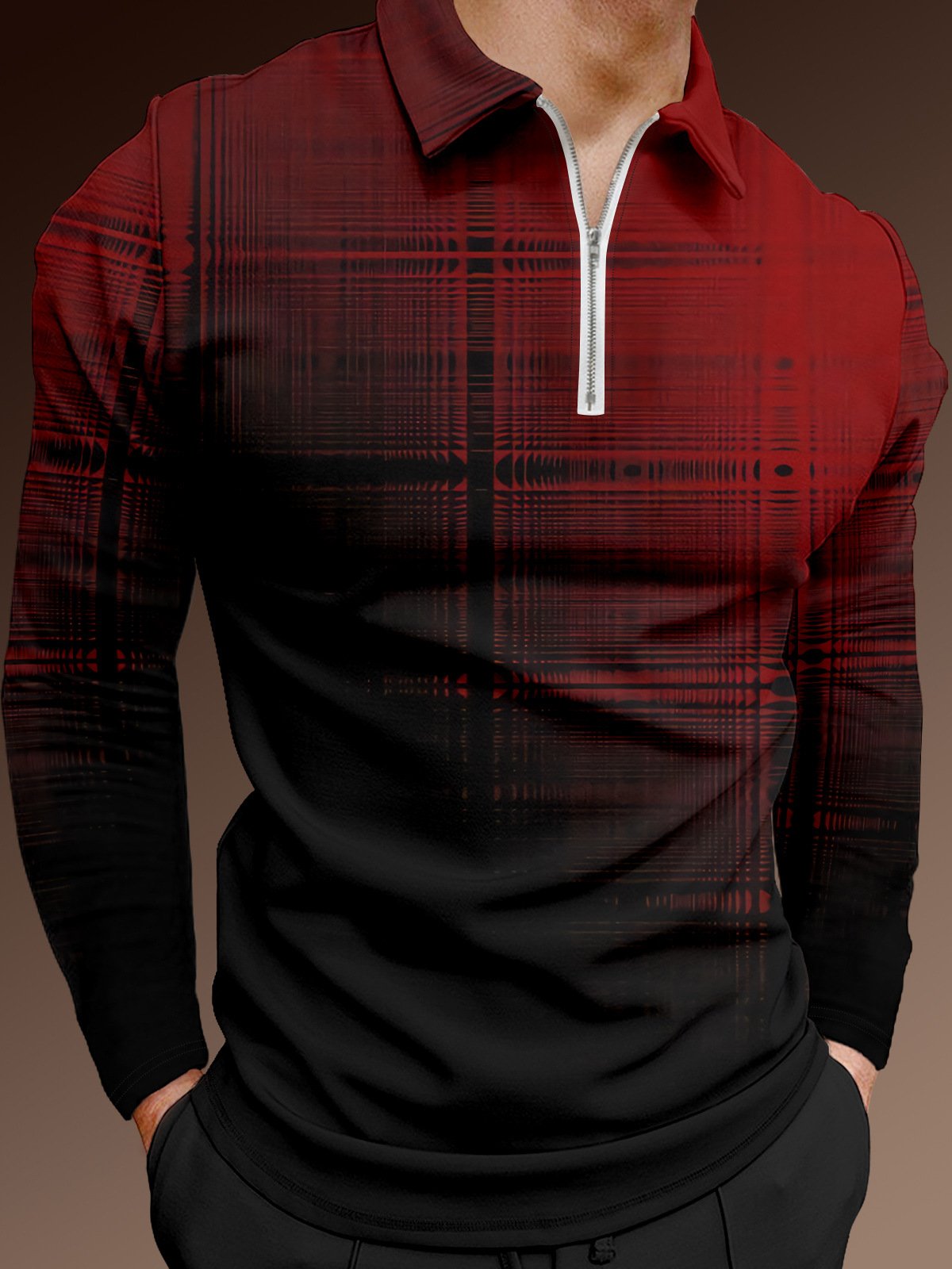 Gradient Check Line Zip Long Sleeve Polo