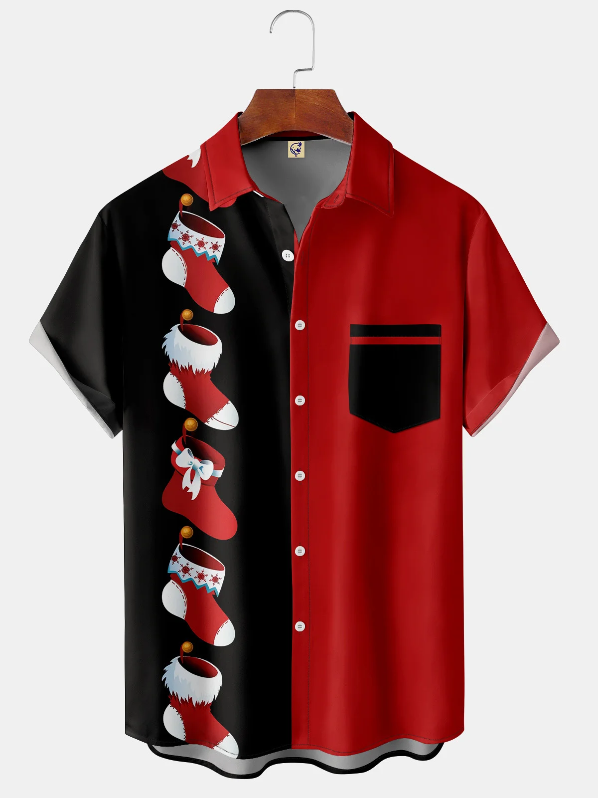 Christmas Socks  Chest Pocket Short Sleeve Casual Shirt