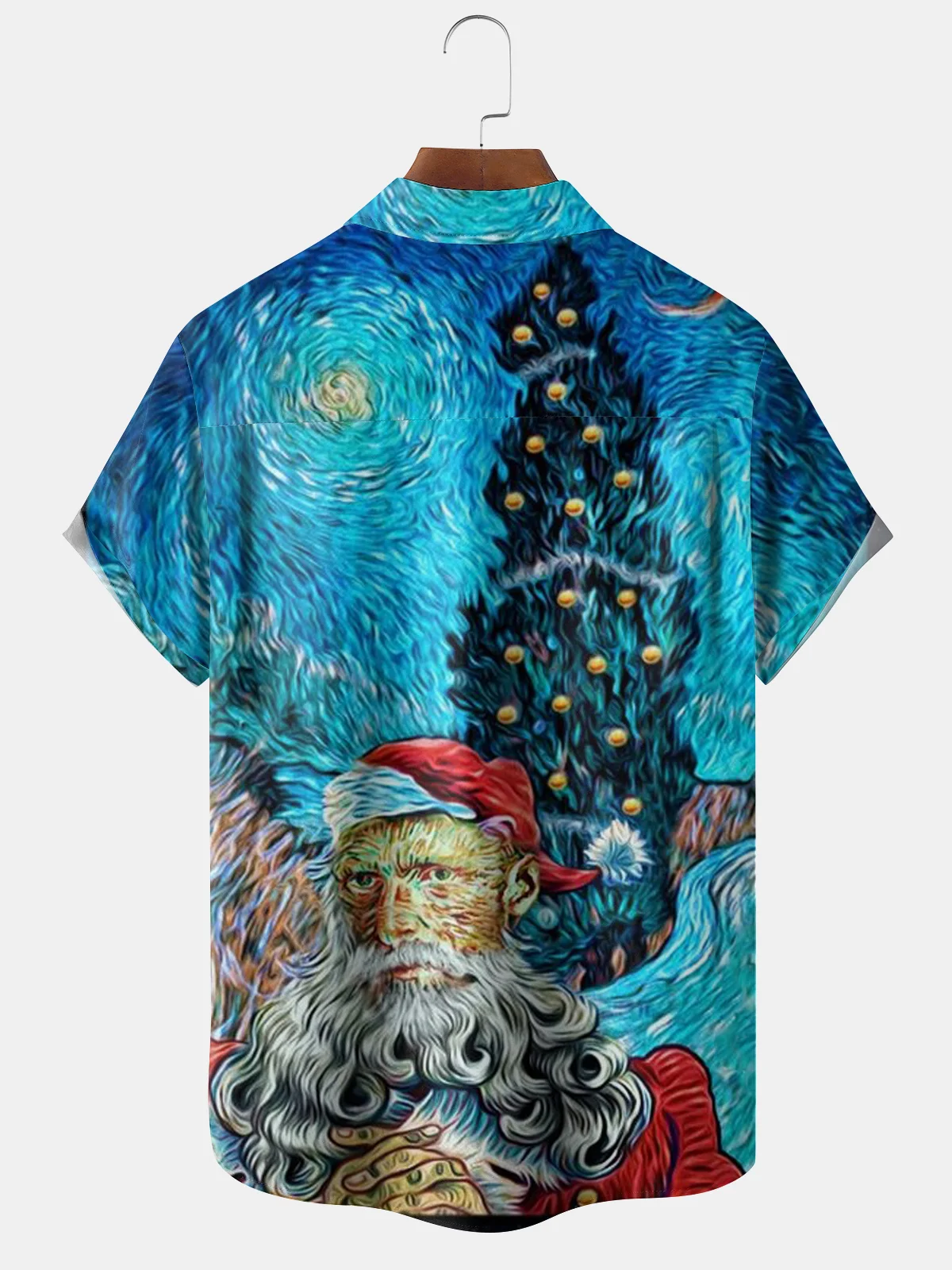 Christmas Van Gogh Starry Night Chest Pocket Short Sleeve Casual Shirt