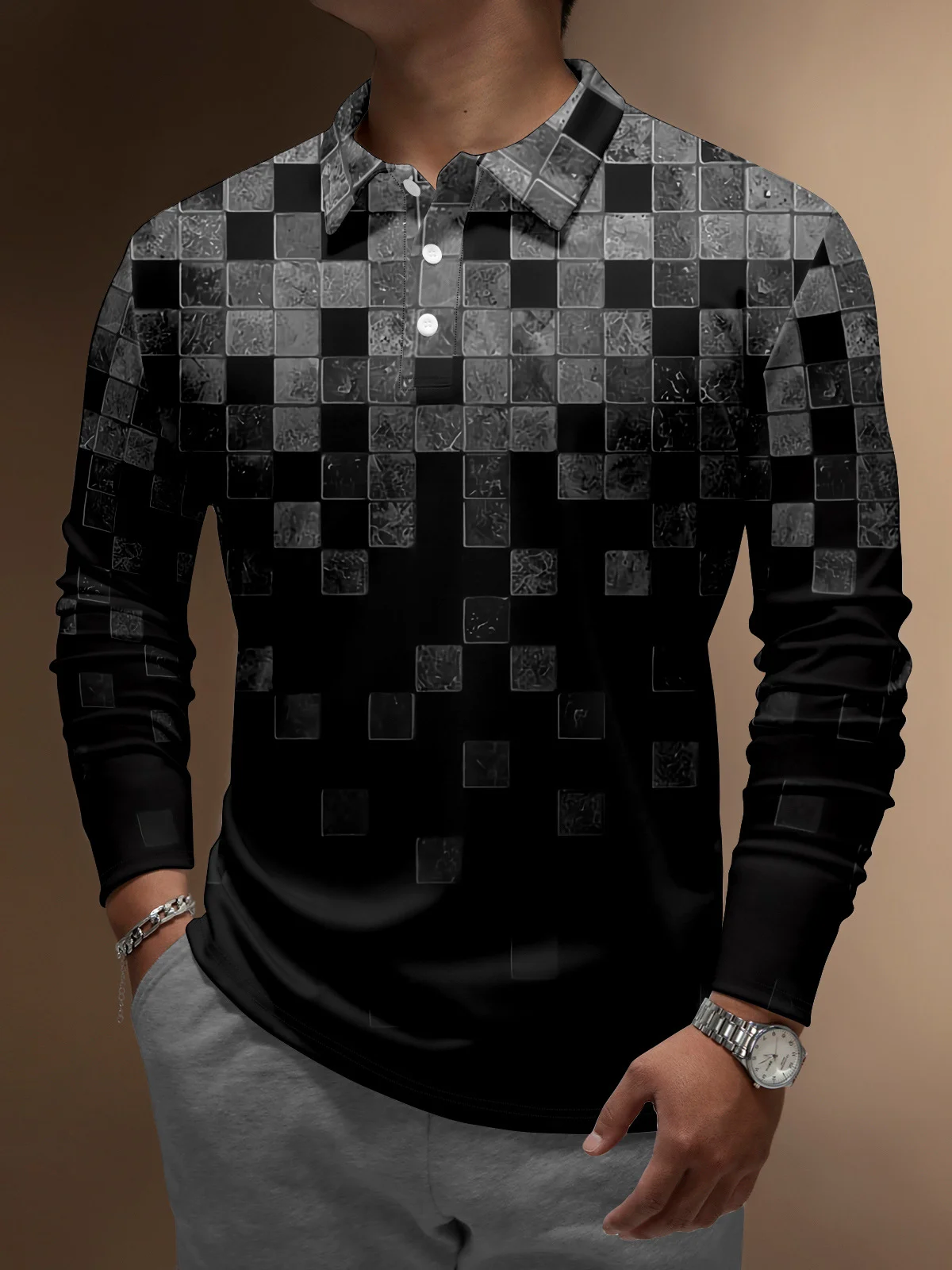 Gradient Geometric Color-Block Button Long Sleeve Polo