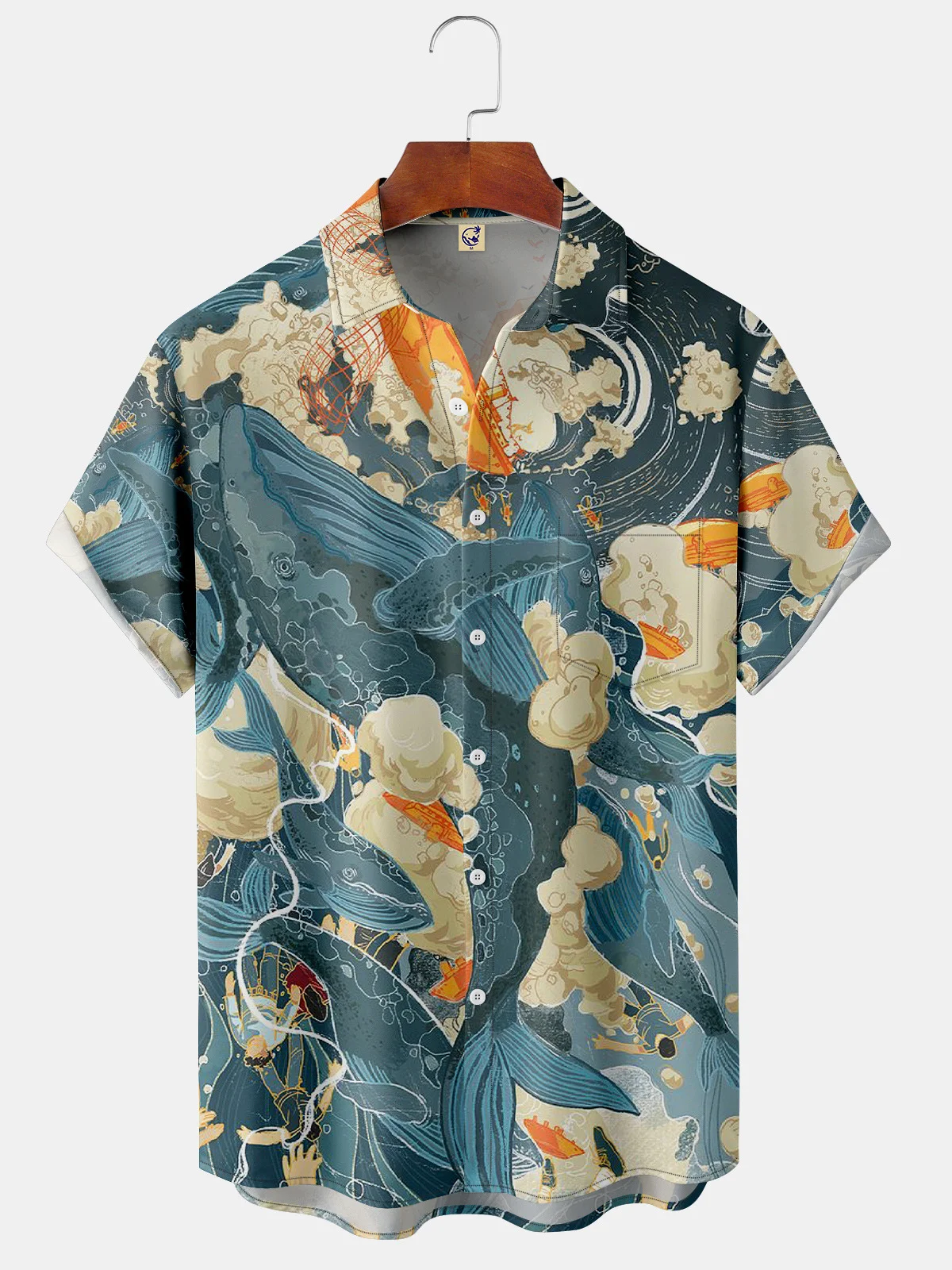 Art Painting Whale Chest Pocket Short Sleeve Shirt