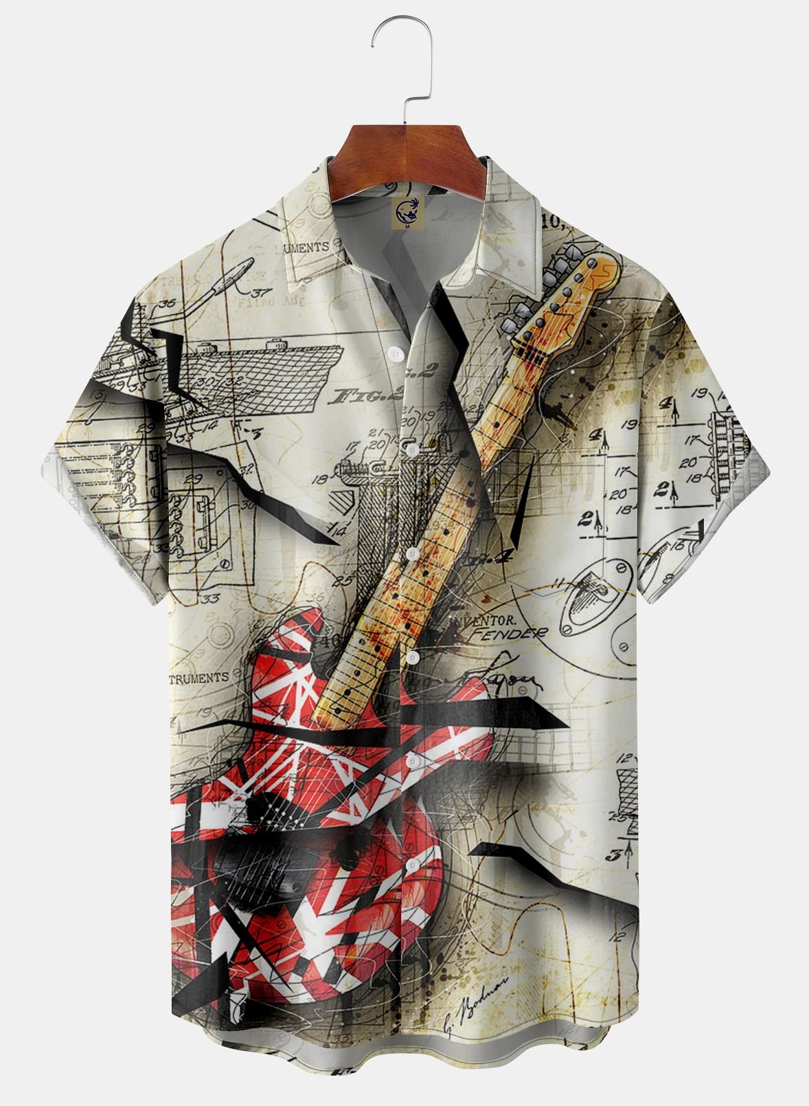 Crack Guitar Chest Pocket Short Sleeve Casual Shirt