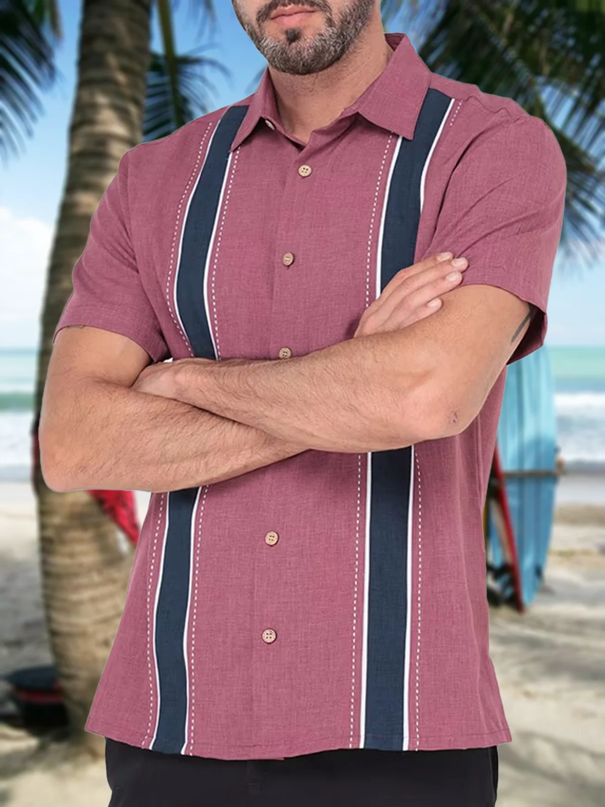 Striped Short Sleeve Casual Bowling Shirt