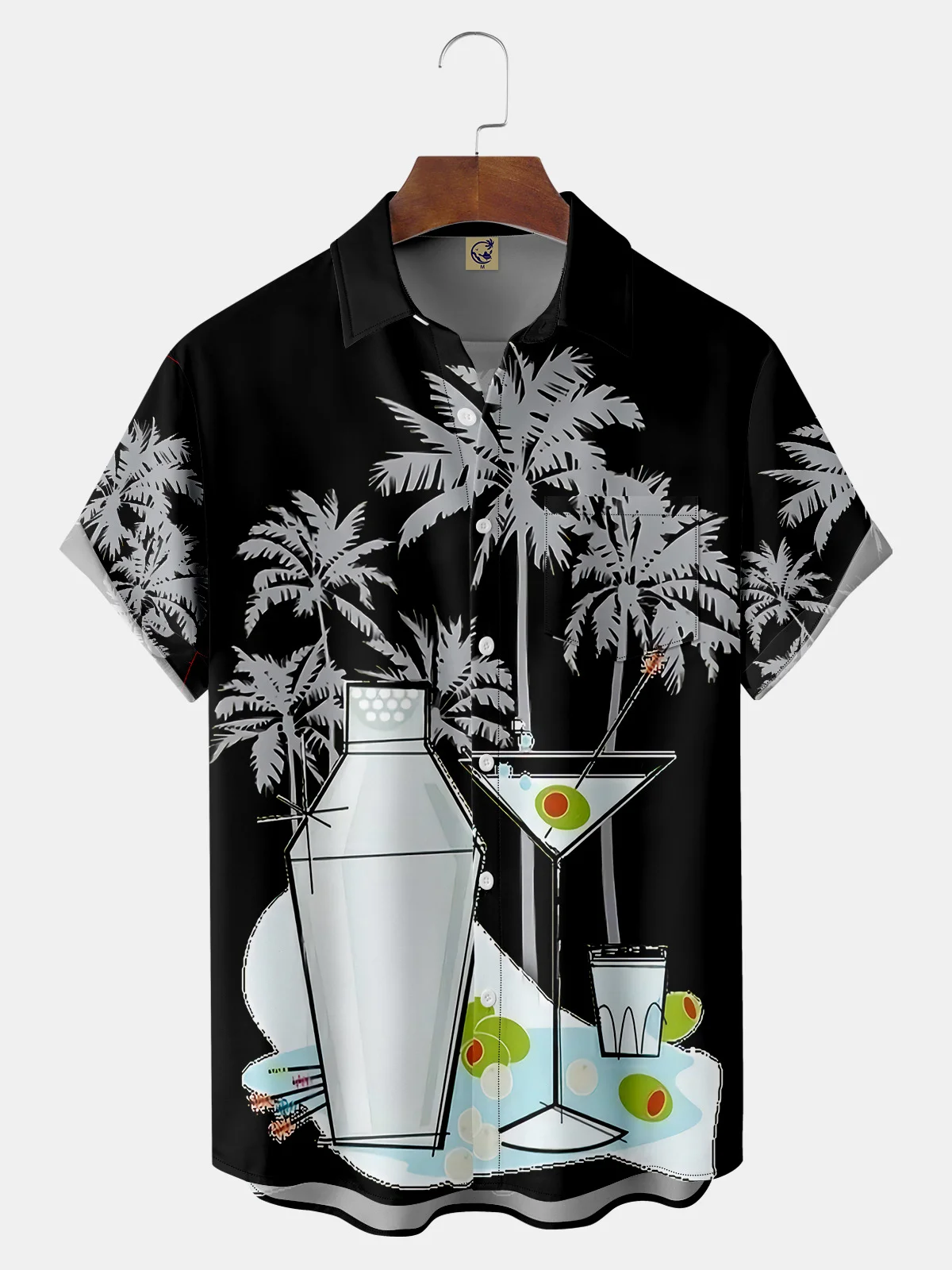 Cocktail Coconut Tree Chest Pocket Short Sleeve Hawaiian Shirt