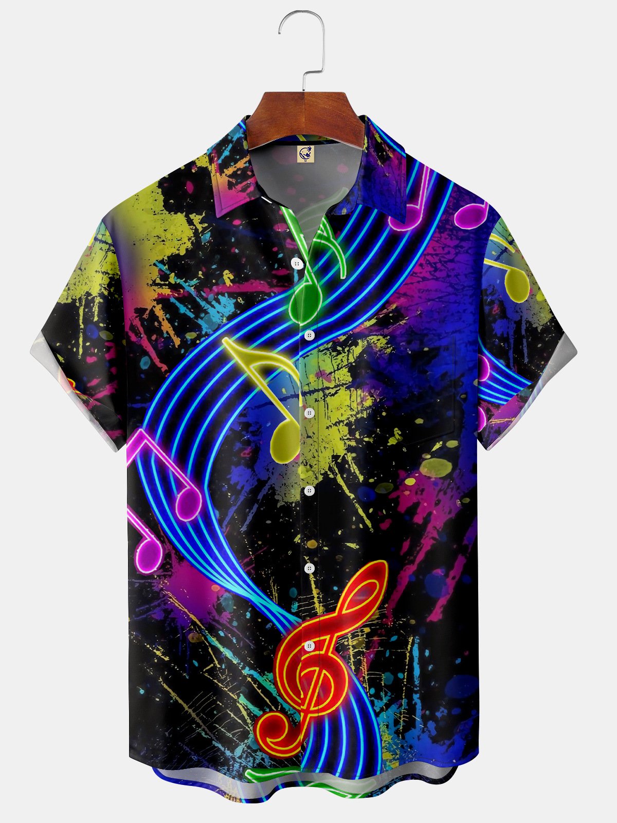 Music Note Chest Pocket Short Sleeve Shirt
