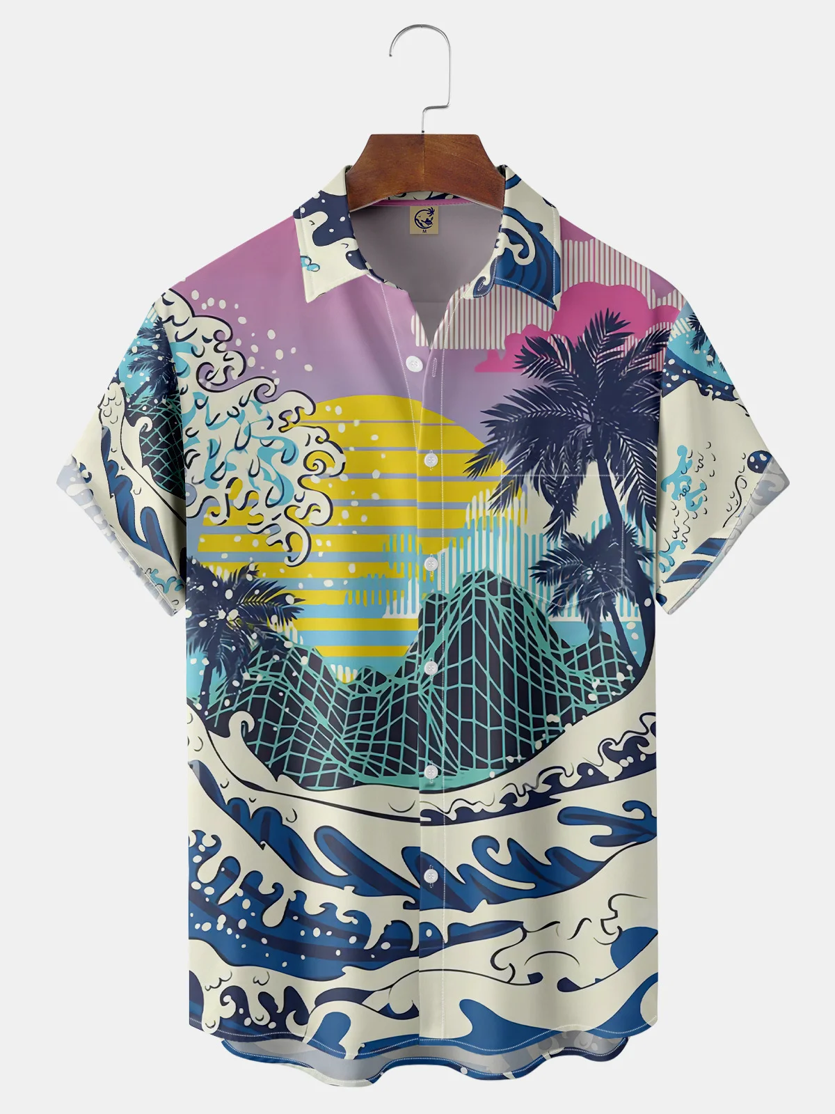 Ukiyo-e Ocean Waves Coconut Tree Chest Pocket Short Sleeve Hawaiian Shirt