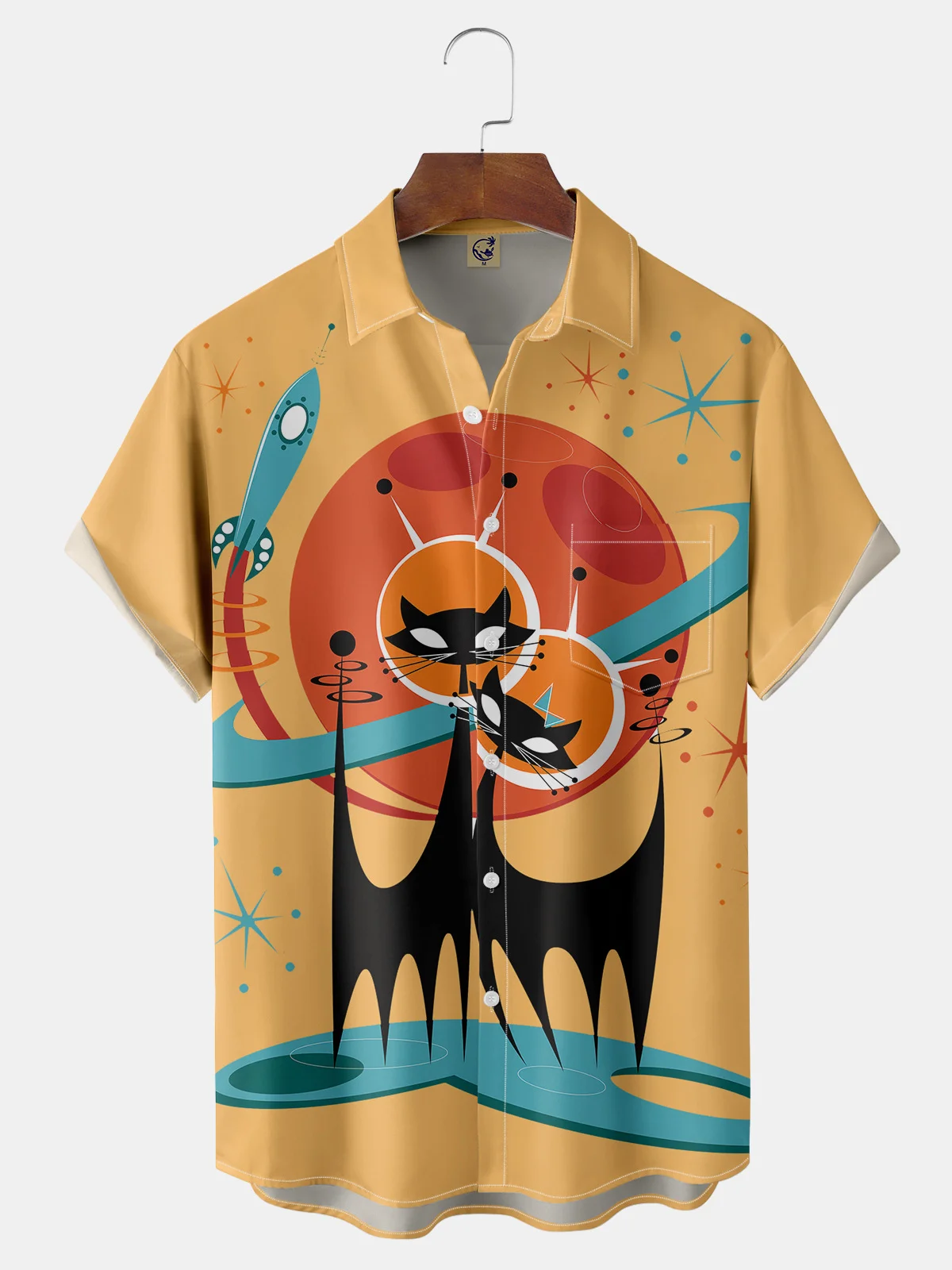 Cartoon Cat Chest Pocket Short Sleeve Casual Shirt