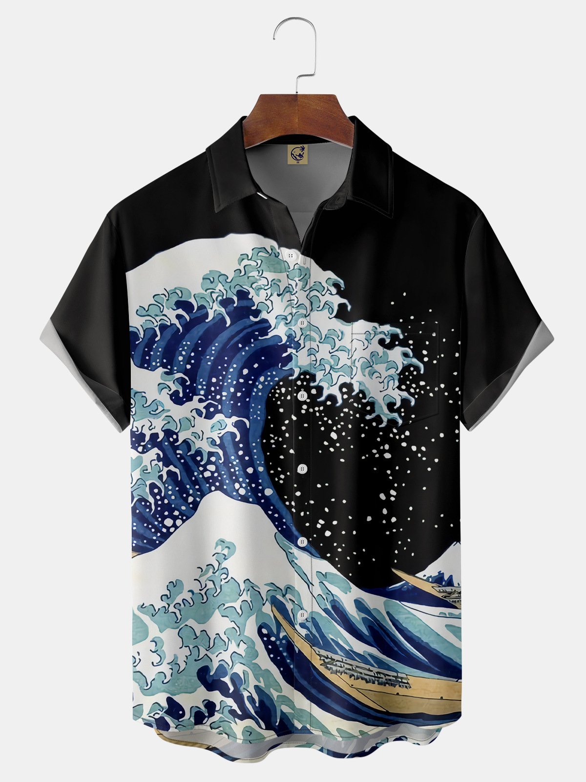 Japanese Ukiyoe Wave Chest Pocket Short Sleeve Hawaiian Shirt