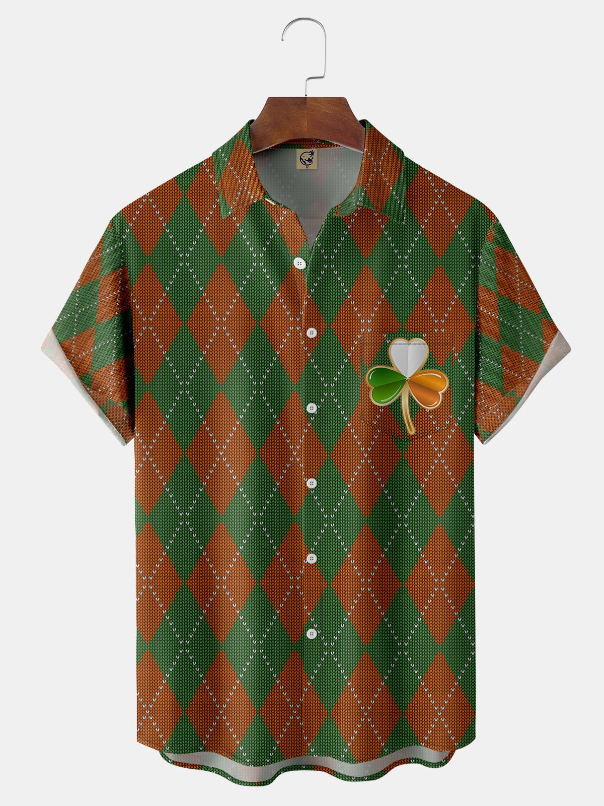 St. Patrick's Day Diamond Check Shamrock Chest Pocket Short Sleeve Shirt