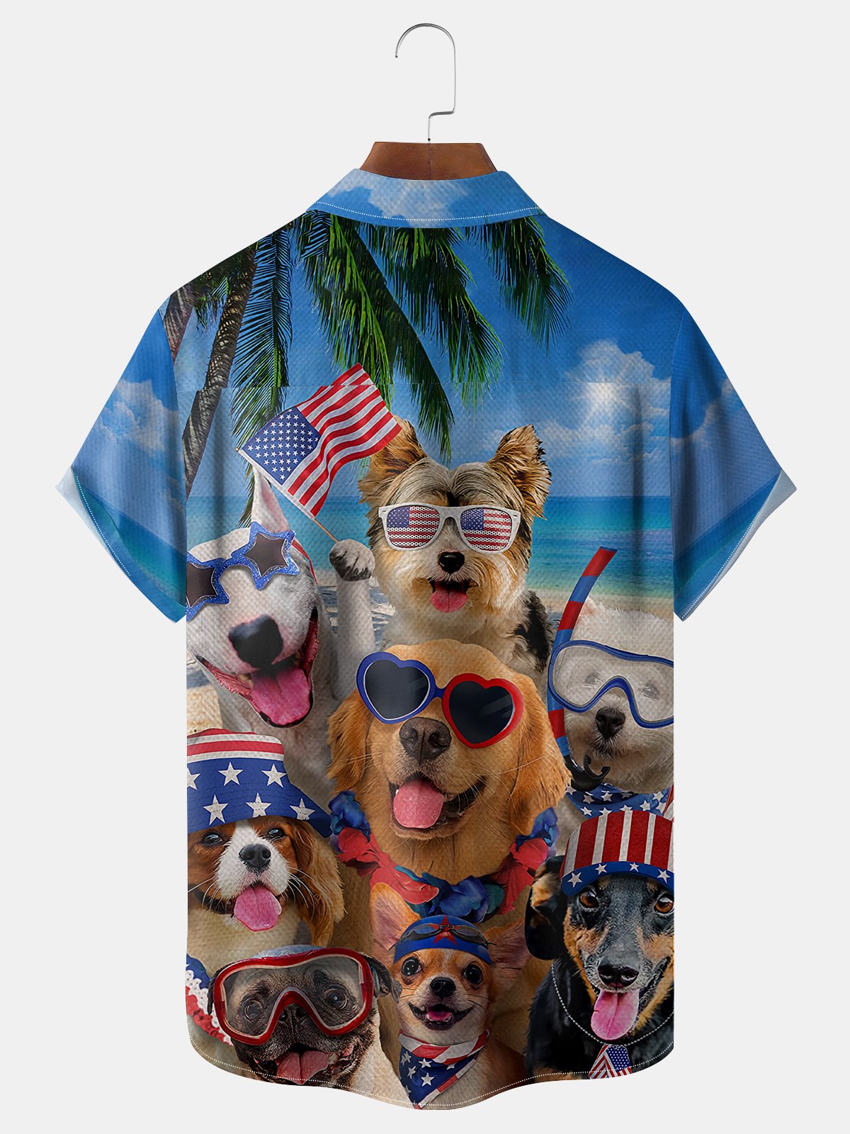 Dog American Flag Chest Pocket Short Sleeve Hawaiian Shirt