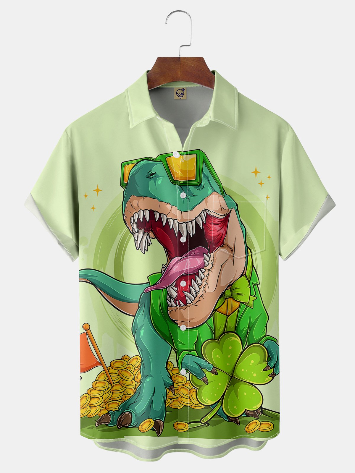 St. Patrick's Day Dinosaur Chest Pocket Short Sleeve Shirt