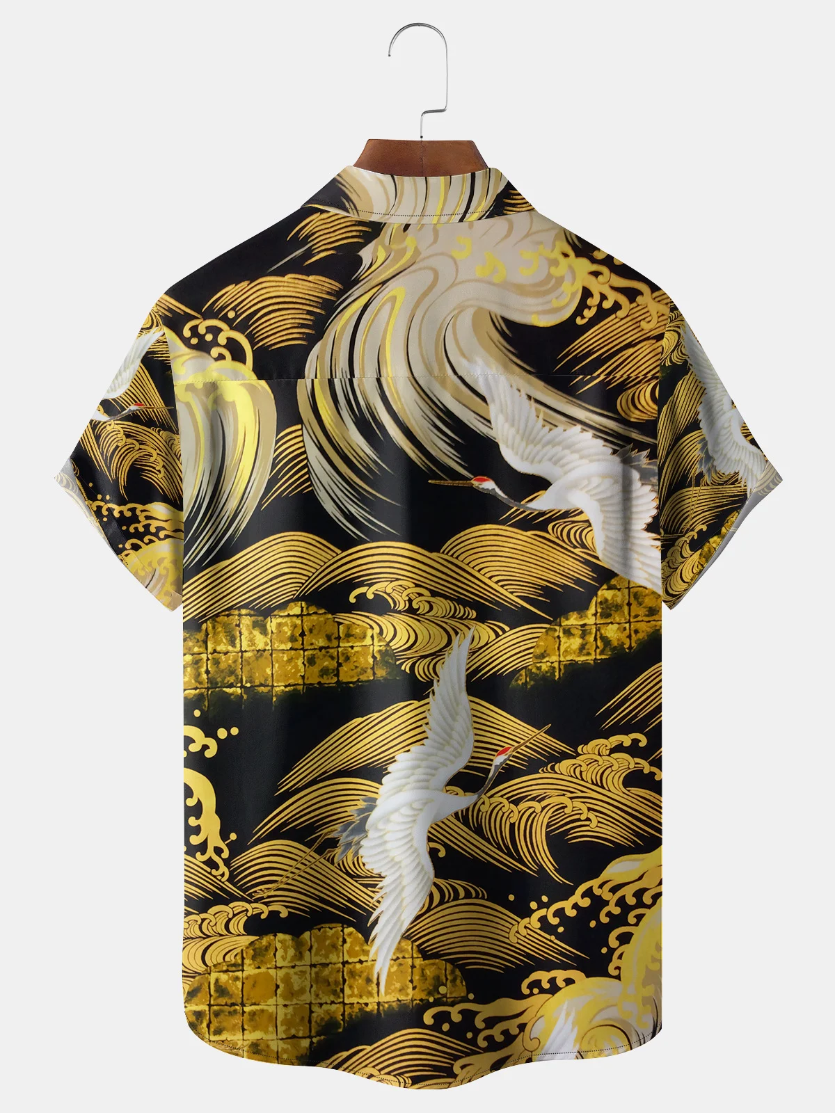 Japanese Ukiyo-e Crane Chest Pocket Short Sleeve Hawaiian Shirt