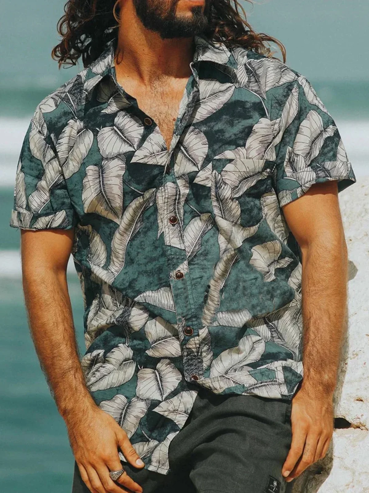 Tropical Plants Chest Pocket Short Sleeve Resort Shirt