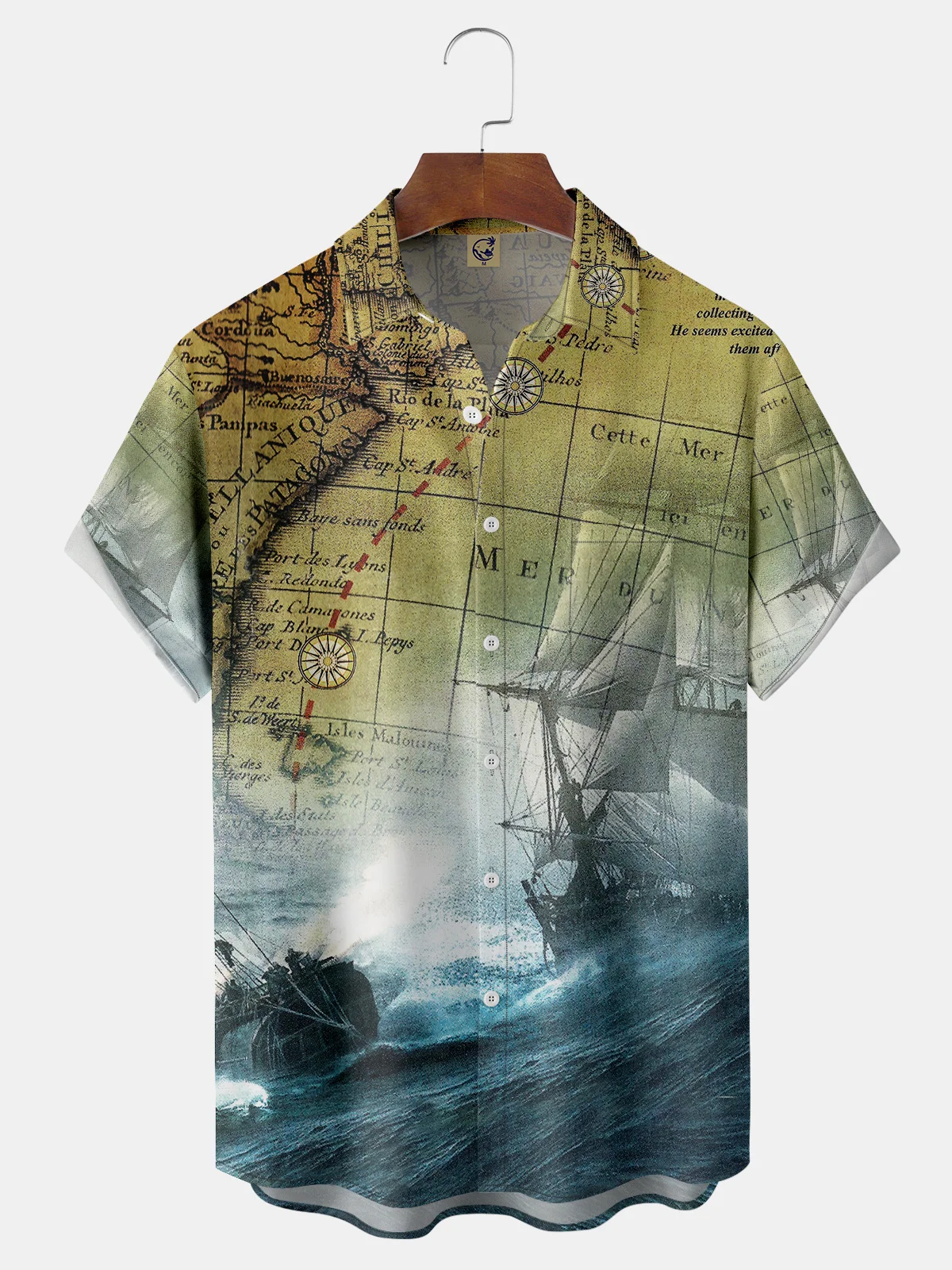 Map Sailboat Chest Pocket Short Sleeve Shirt