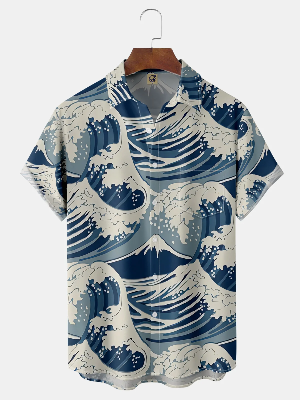 Japanese Ukiyoe Wave Chest Pocket Short Sleeve Hawaiian Shirt