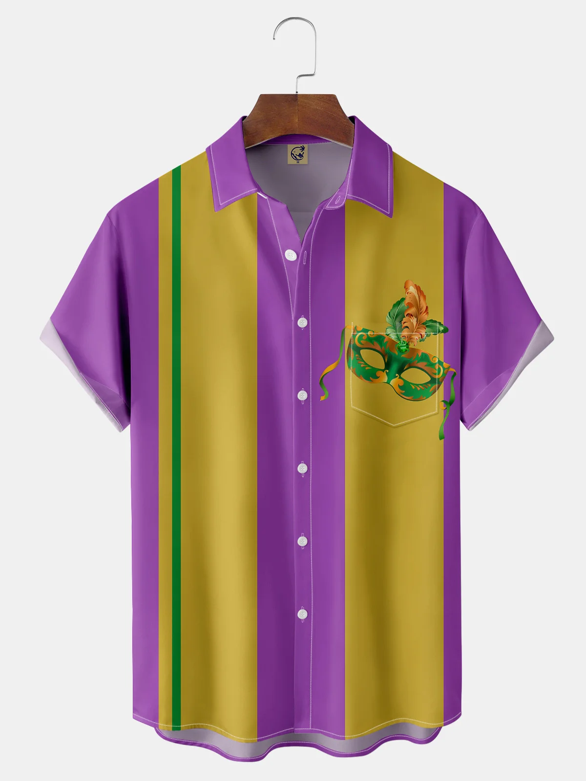 MARDI GRAS Mask Chest Pocket Short Sleeve Bowling Shirt