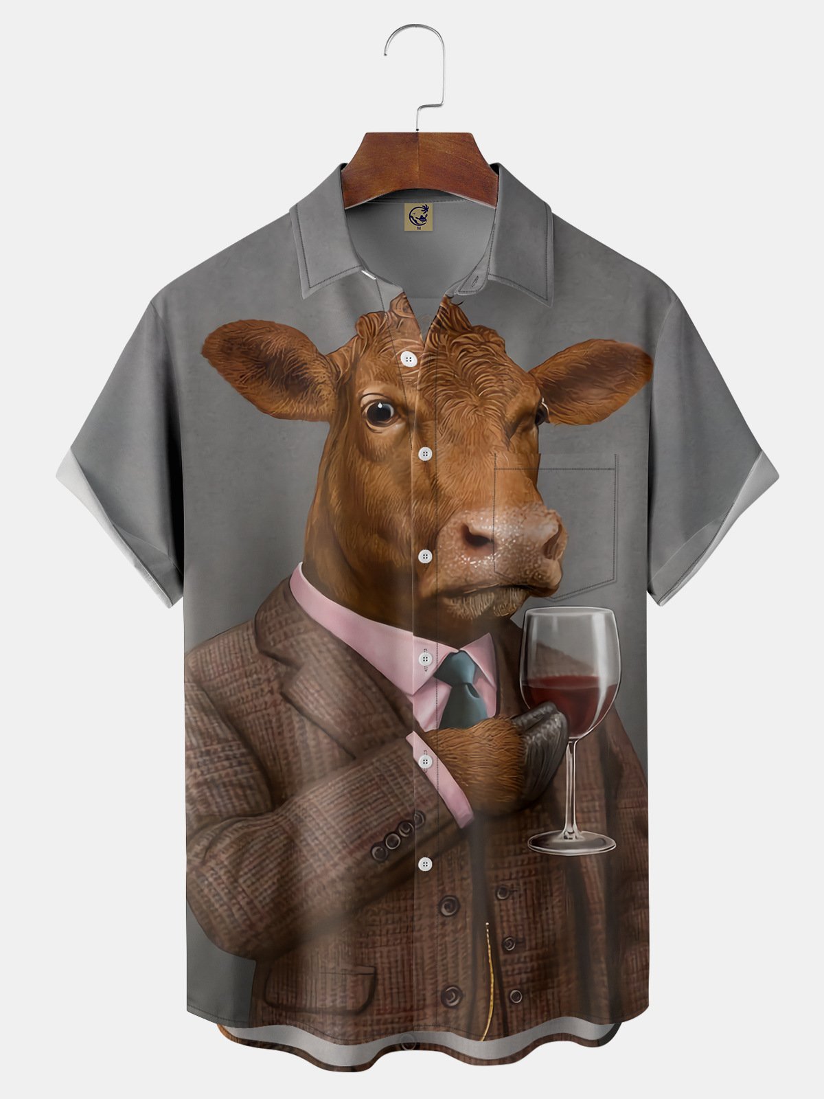 Cow Drinking Red Wine Chest Pocket Short Sleeve Casual Shirt